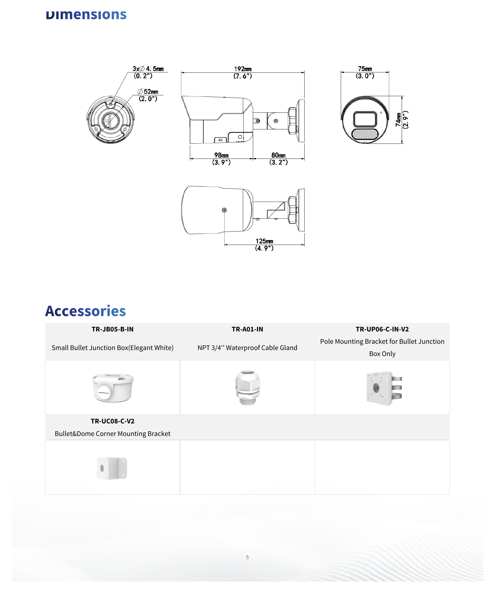 IPC2125SB-ADF28KMC-I0 外形尺寸圖 191 mm × 75 mm × 74 mm (7.5" × 2.9" × 2.9") (L × W × H)｜重量 0.50 kg (1.10 lb.)｜Unit: mm