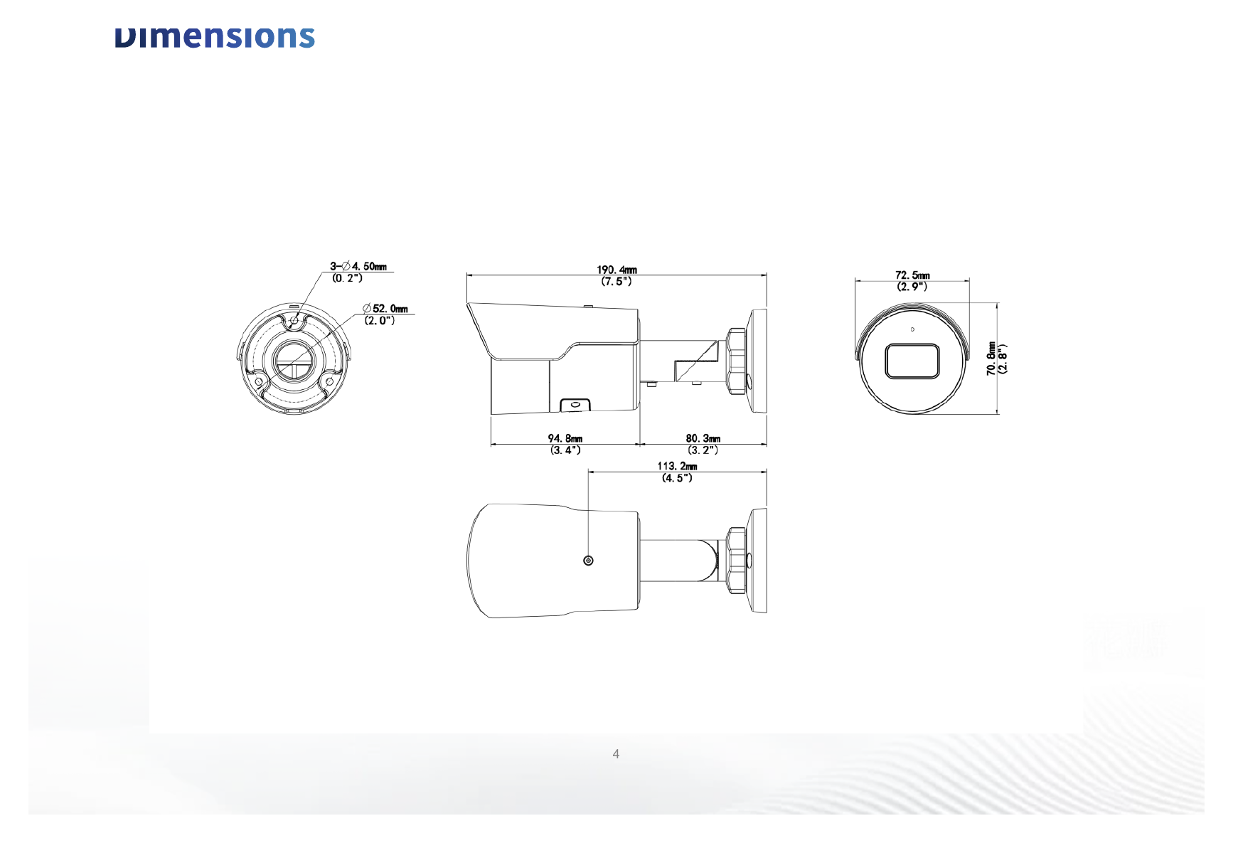 IPC2128LE-ADF28KM-H 外形尺寸圖 190 mm × 73 mm × 71 mm (7.5" × 2.9" × 2.8") (L × W × H)｜重量 0.40 kg (0.88 lb.)｜Unit: mm
