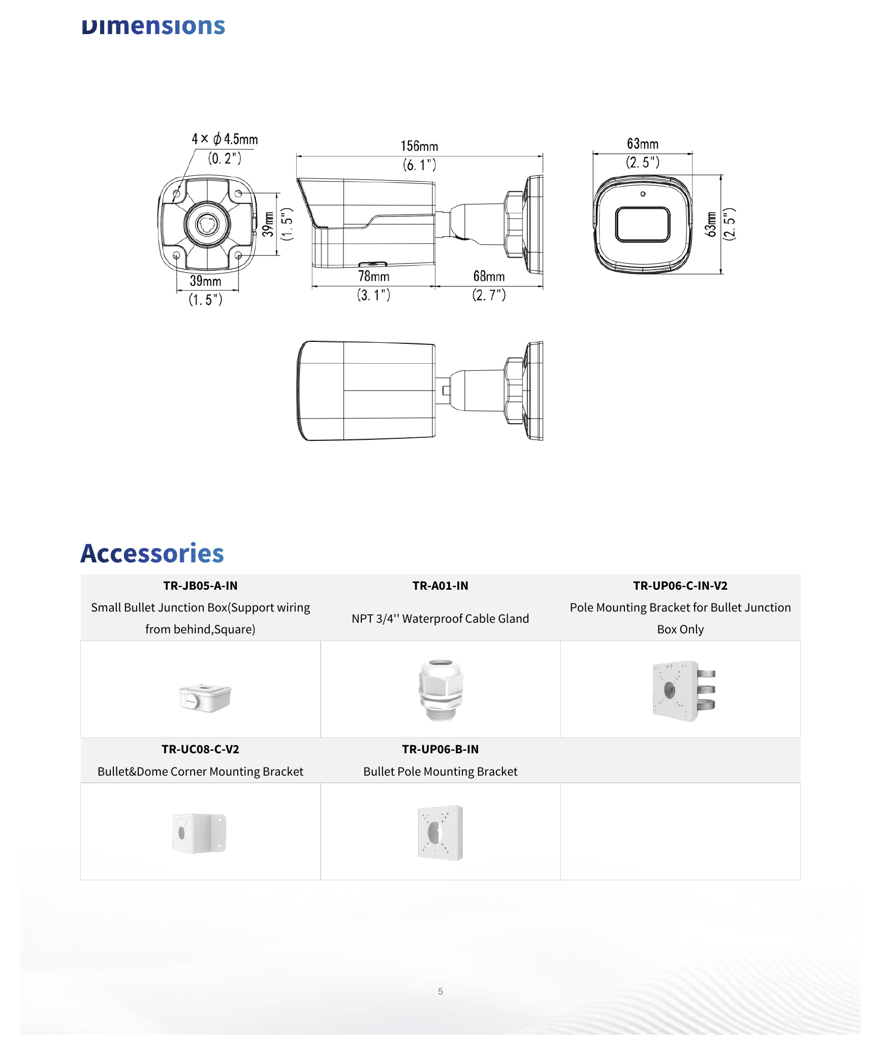 IPC2128SB-ADF28KM-I0 外形尺寸圖 156 mm × 63 mm × 63 mm (6.1" × 2.5" × 2.5") (L × W × H)｜重量 0.41 kg (0.90 lb.)｜Unit: mm
