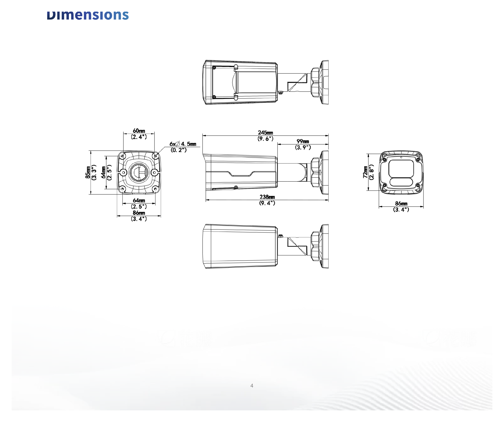 IPC2222SB-AHDF40KM-I1 外形尺寸圖 245 mm × 87 mm × 86 mm (9.6" × 3.4" × 3.4") (L × W × H)｜重量 0.82 kg (1.81 lb.)｜Unit: mm