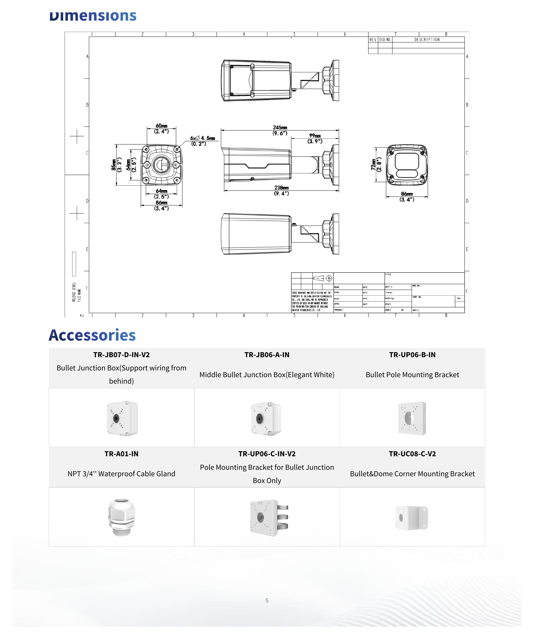 IPC2224SE-DF40K-WL-I0 外形尺寸圖 245 mm × 86 mm × 85 mm (9.6" × 3.4" × 3.3") (L × W × H)｜重量 0.87 kg (1.92 lb.)｜Unit: mm