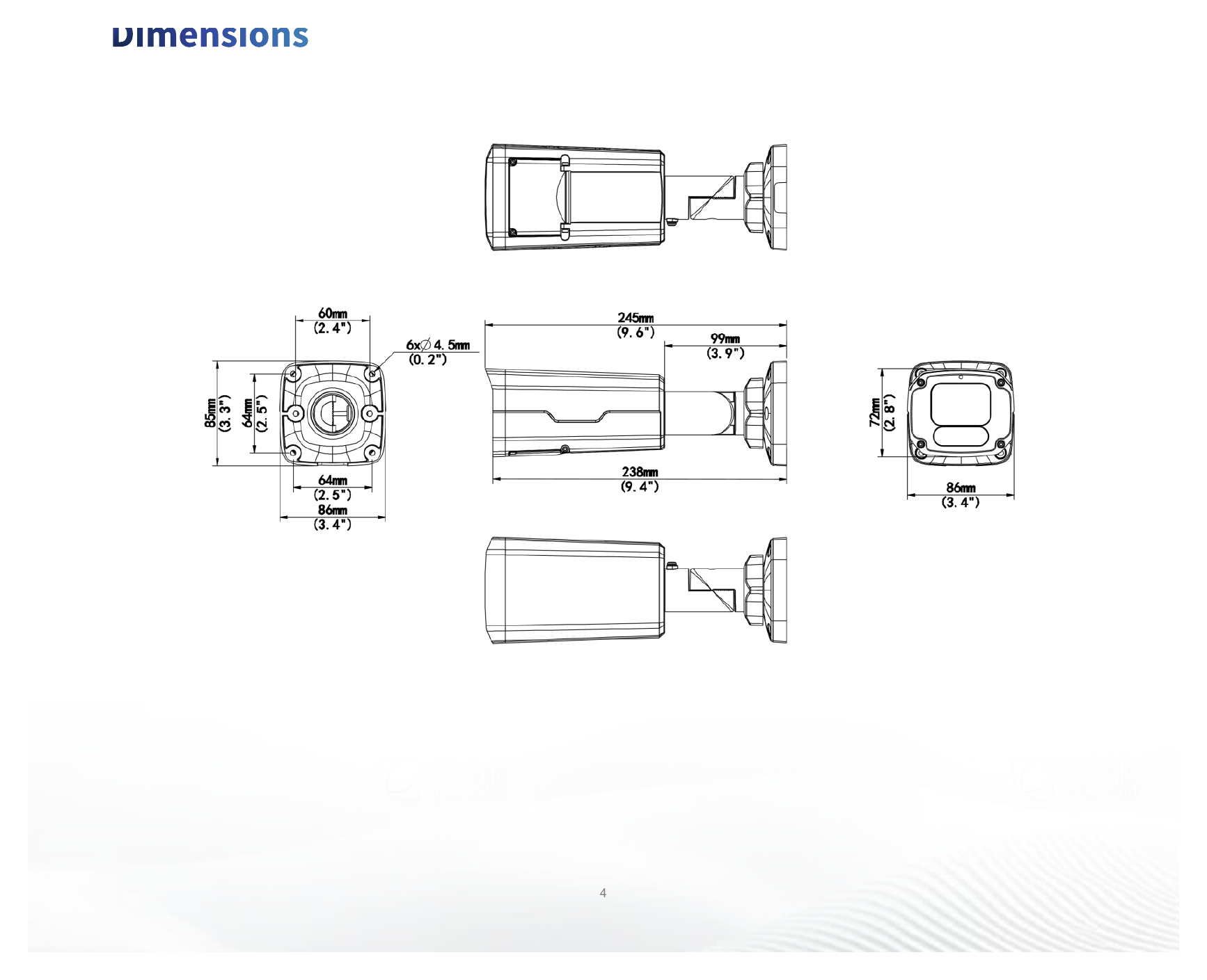 IPC2225SB-ADF28KM-I1 外形尺寸圖 245 mm × 87 mm × 86 mm (9.6" × 3.4" × 3.4") (L × W × H)｜重量 0.82 kg (1.81 lb.)｜Unit: mm