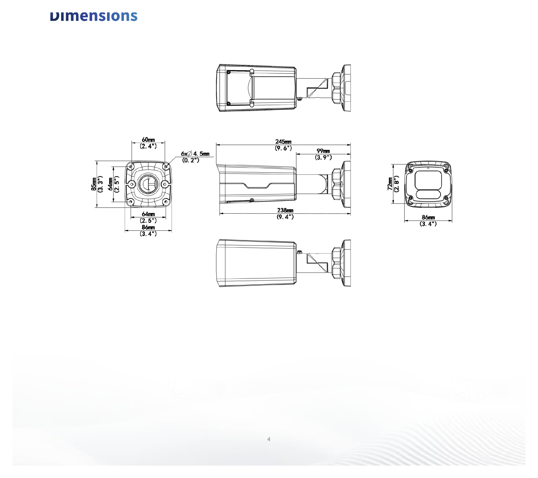 IPC2225SB-ADF40KM-I1 外形尺寸圖 245 mm × 87 mm × 86 mm (9.6" × 3.4" × 3.4") (L × W × H)｜重量 0.82 kg (1.81 lb.)｜Unit: mm