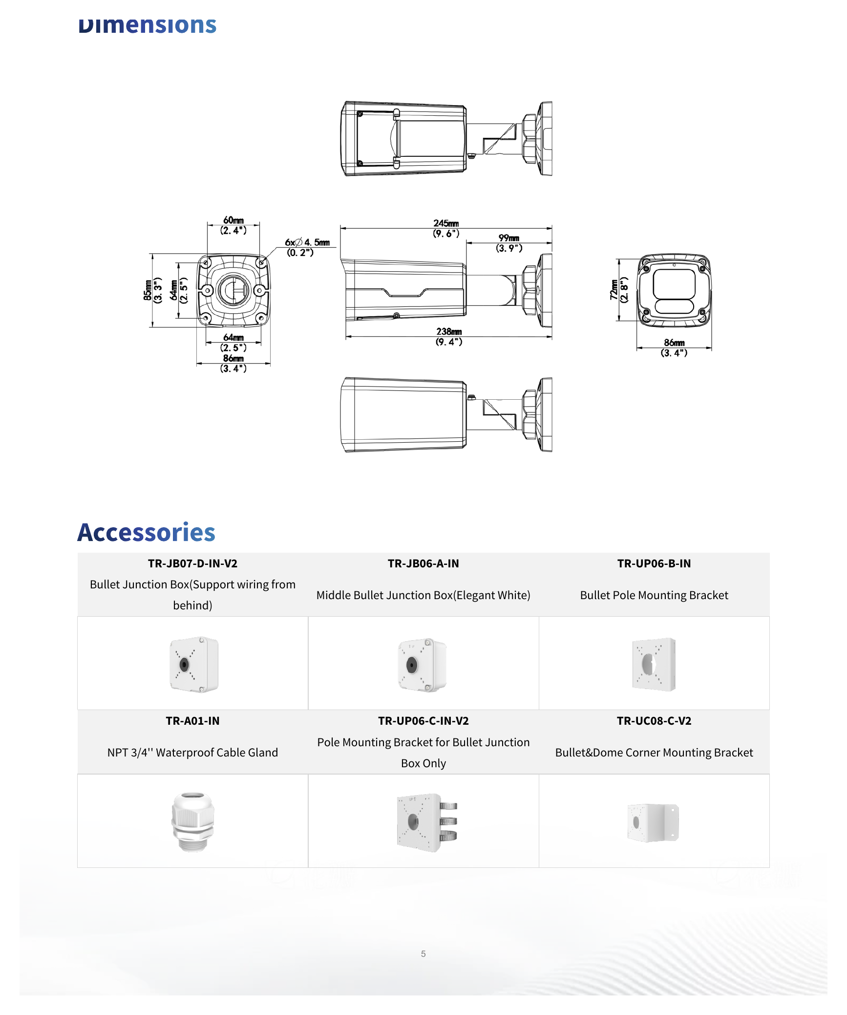 IPC2228SE-DF40K-WL-I0 外形尺寸圖 245 mm × 86 mm × 85 mm (9.6" × 3.4" × 3.3" ) (L × W × H)｜重量 0.86 kg (1.90 lb.)｜Unit: mm