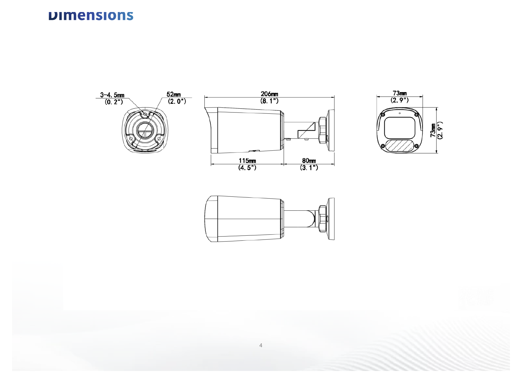 IPC2314LE-ADF28KM-WL 外形尺寸圖 206 mm × 73 mm × 73 mm (8.1" × 2.9" × 2.9") (L × W × H)｜重量 0.47 kg (1.04 lb.)｜Unit: mm