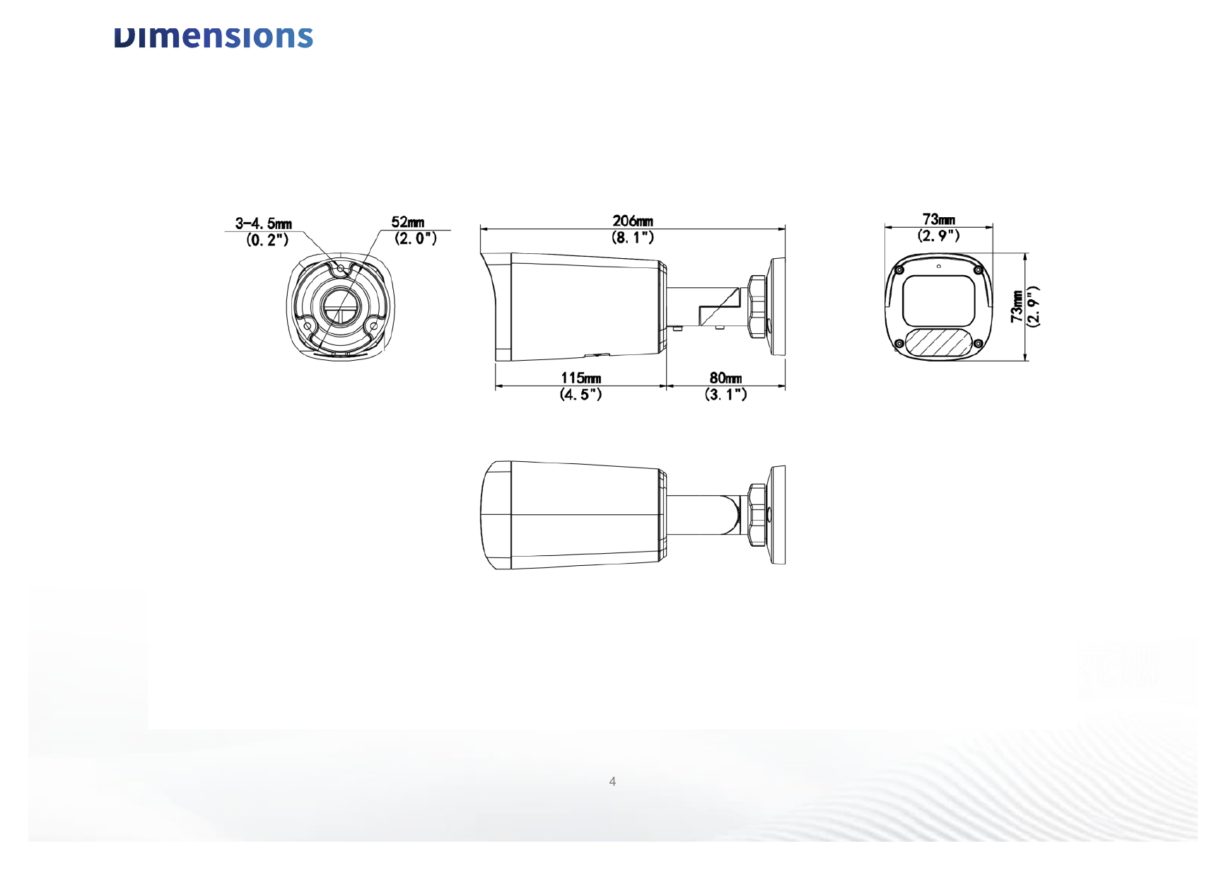IPC2324LB-ADEZK-H 外形尺寸圖 206 mm × 73 mm × 73 mm (8.1" × 2.9" × 2.9") (L × W × H)｜重量 0.51 kg (1.12 lb.)｜Unit: mm