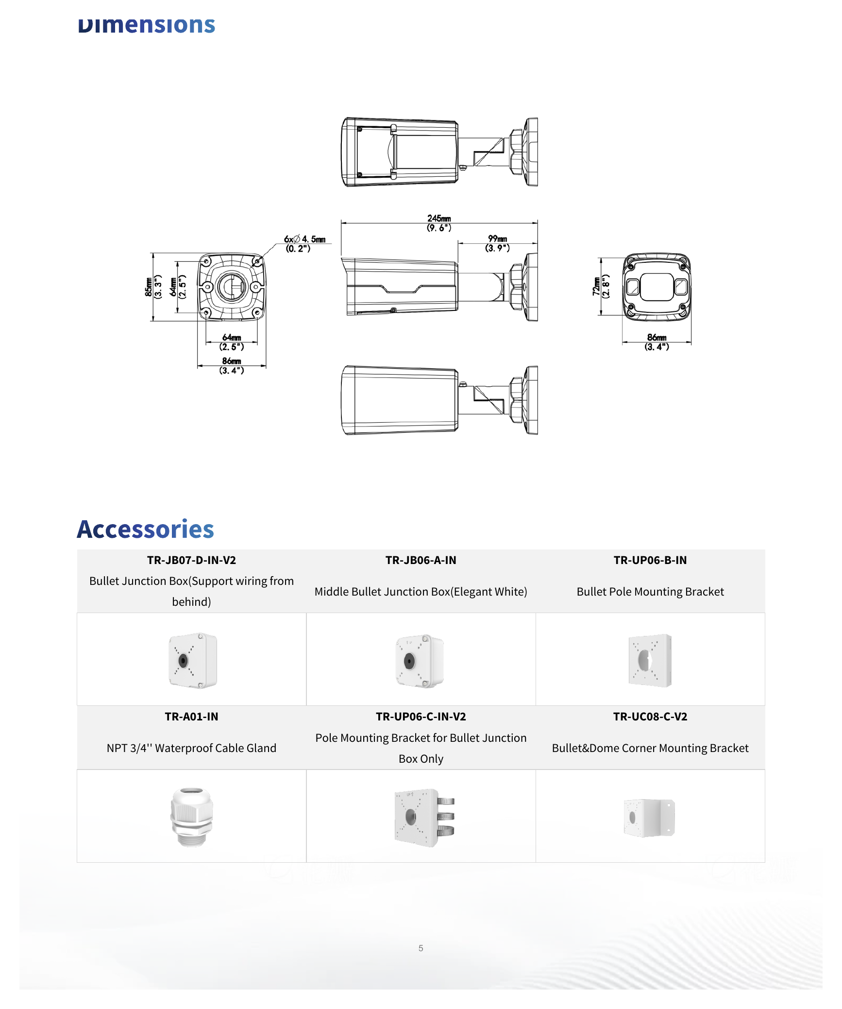 IPC2325SB-DZK-I0 外形尺寸圖 245 mm × 86 mm × 72 mm (9.6" × 3.4" × 2.8") (L × W × H)｜重量 0.92 kg (2.03 lb.)｜Unit: mm