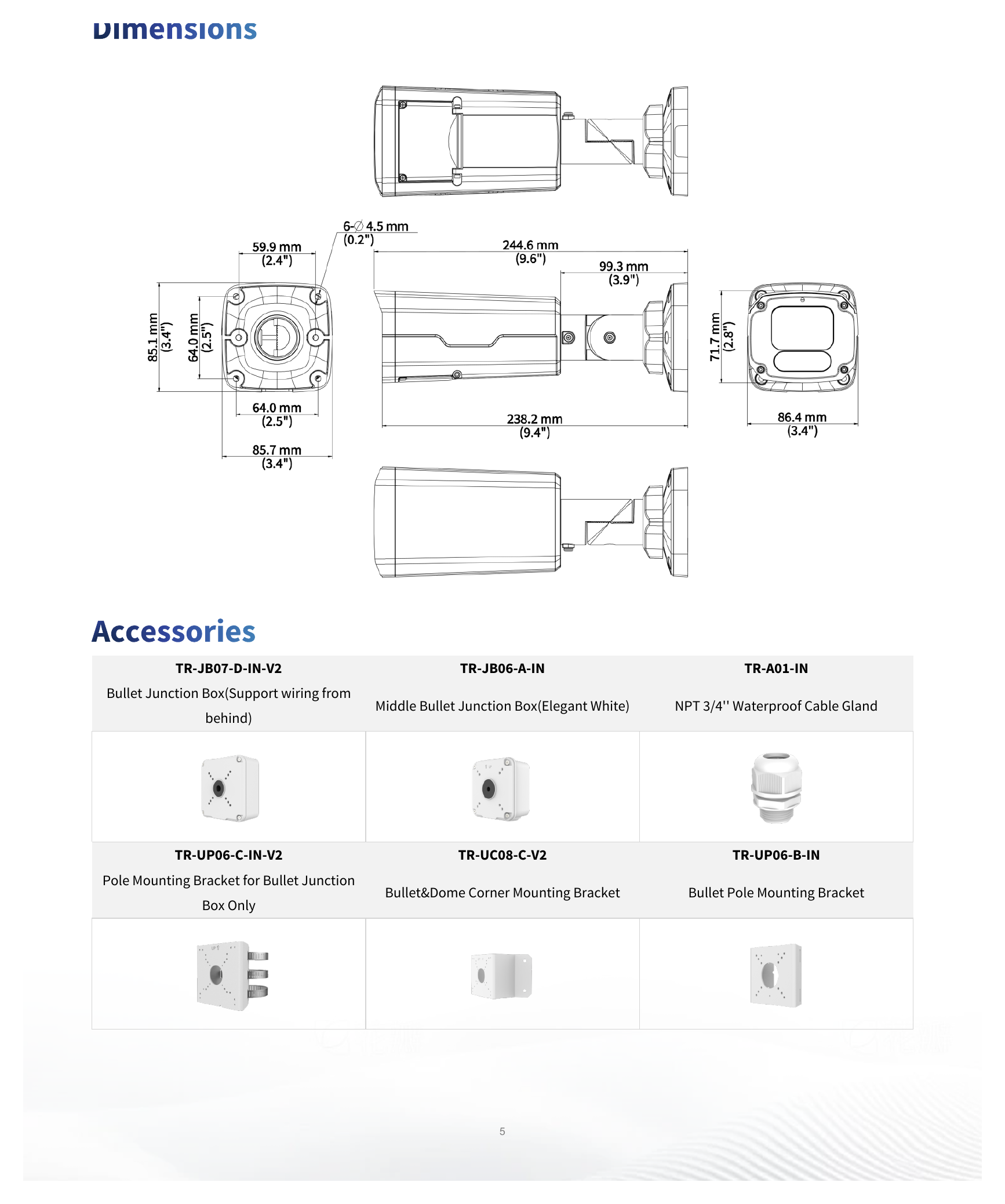 IPC2328SB-ADZKM-DL-I1 外形尺寸圖 245 mm × 85 mm × 86 mm (9.7" × 3.4" × 3.4") (L × W × H)｜重量 0.93 kg (2.05 lb)｜Unit: mm