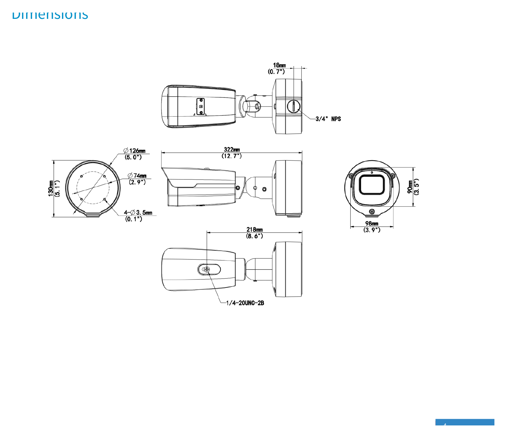 IPC2A24SE-ADZK-I0 外形尺寸圖 Ø 130 x 322 mm (Ø 5.1” x 12.7”) (Ø x H)｜重量 1.3Kg(2.87lb)｜Unit: mm