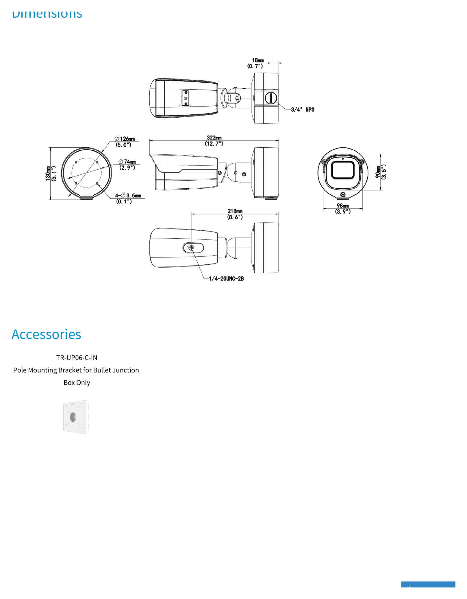 IPC2A28SE-ADZK-I0 外形尺寸圖 Ø 130 x 322 mm (Ø 5.1” x 12.7”) (Ø x H)｜重量 1.3Kg(2.87lb)｜Unit: mm