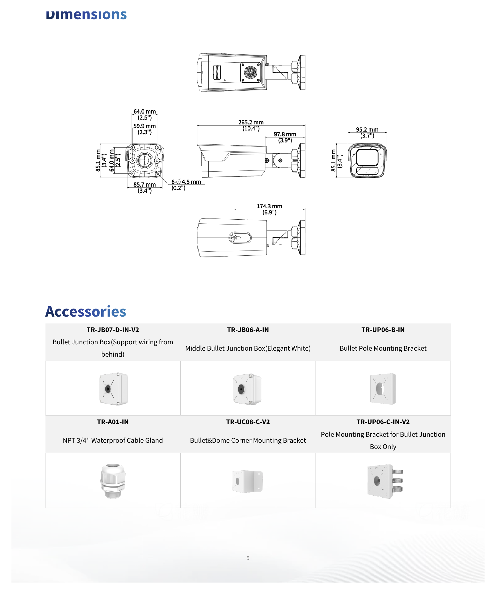 IPC2B14SE-ADF28KMC-WP-I1 外形尺寸圖 265.2 mm × 95.2 mm × 82.9 mm (10.4" × 3.7" × 3.3" ) (L × W × H)｜重量 0.92 kg (2.03 lb.)｜Unit: mm