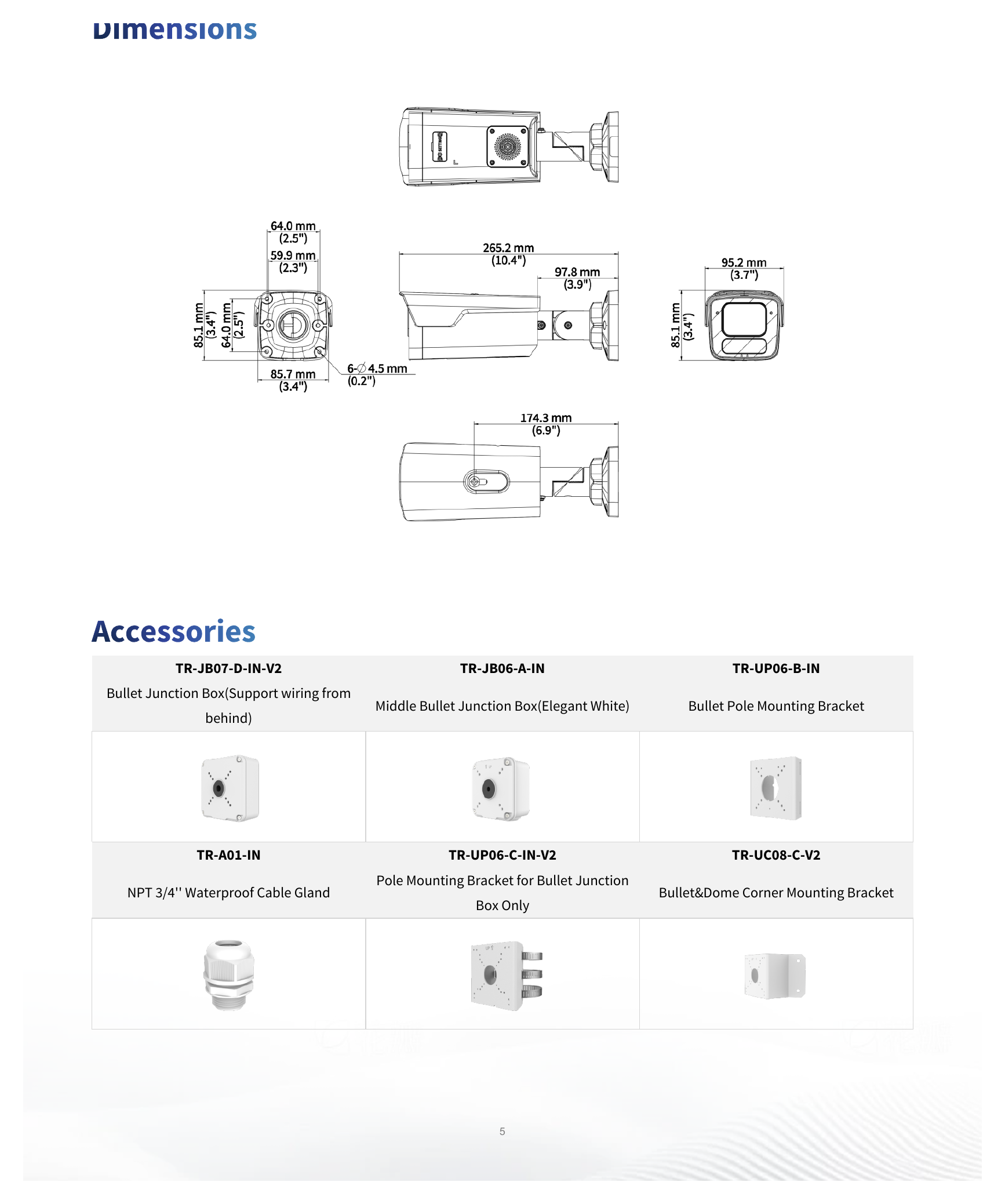 IPC2B14SE-ADZKMC-WP-I1 外形尺寸圖 265.2 mm × 95.2 mm × 85.1 mm (10.4" × 3.7" × 3.4" ) (L × W × H)｜重量 0.98 kg (2.16 lb.)｜Unit: mm