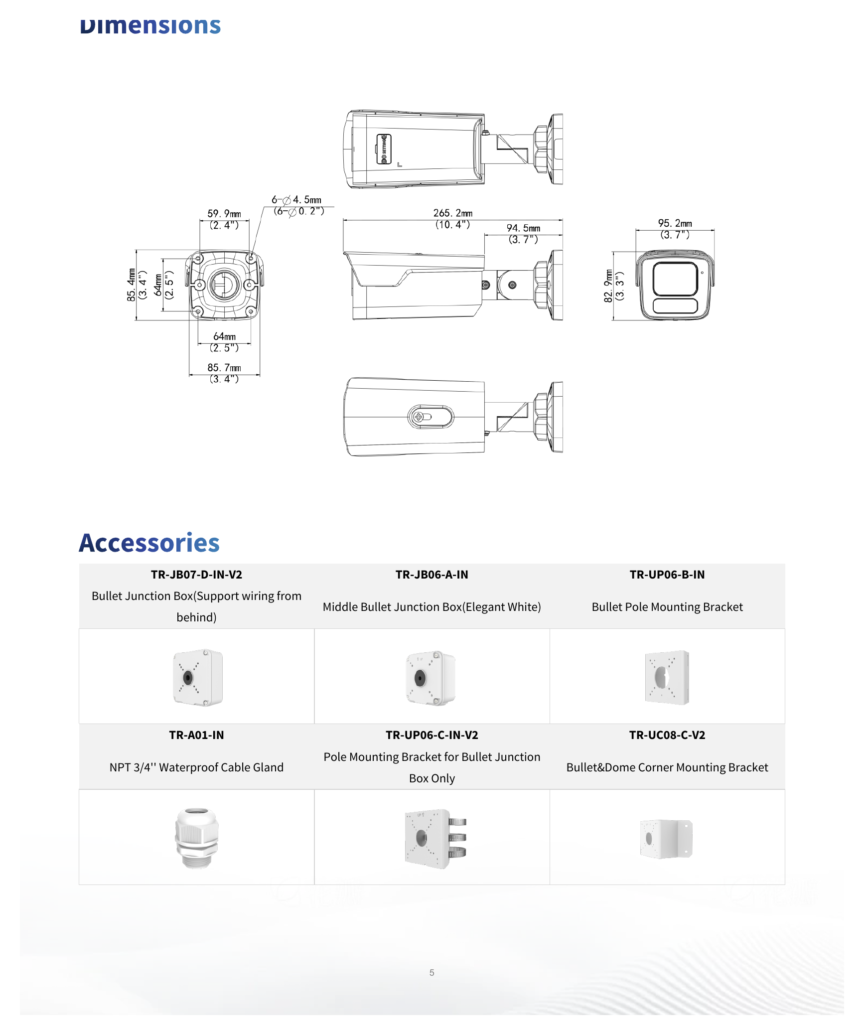 IPC2B18SE-ADF28K-WP-I1 外形尺寸圖 265.2 mm × 95.2 mm × 82.9 mm (10.4" × 3.7" × 3.3" ) (L × W × H)｜重量 0.93 kg (2.05 lb.)｜Unit: mm