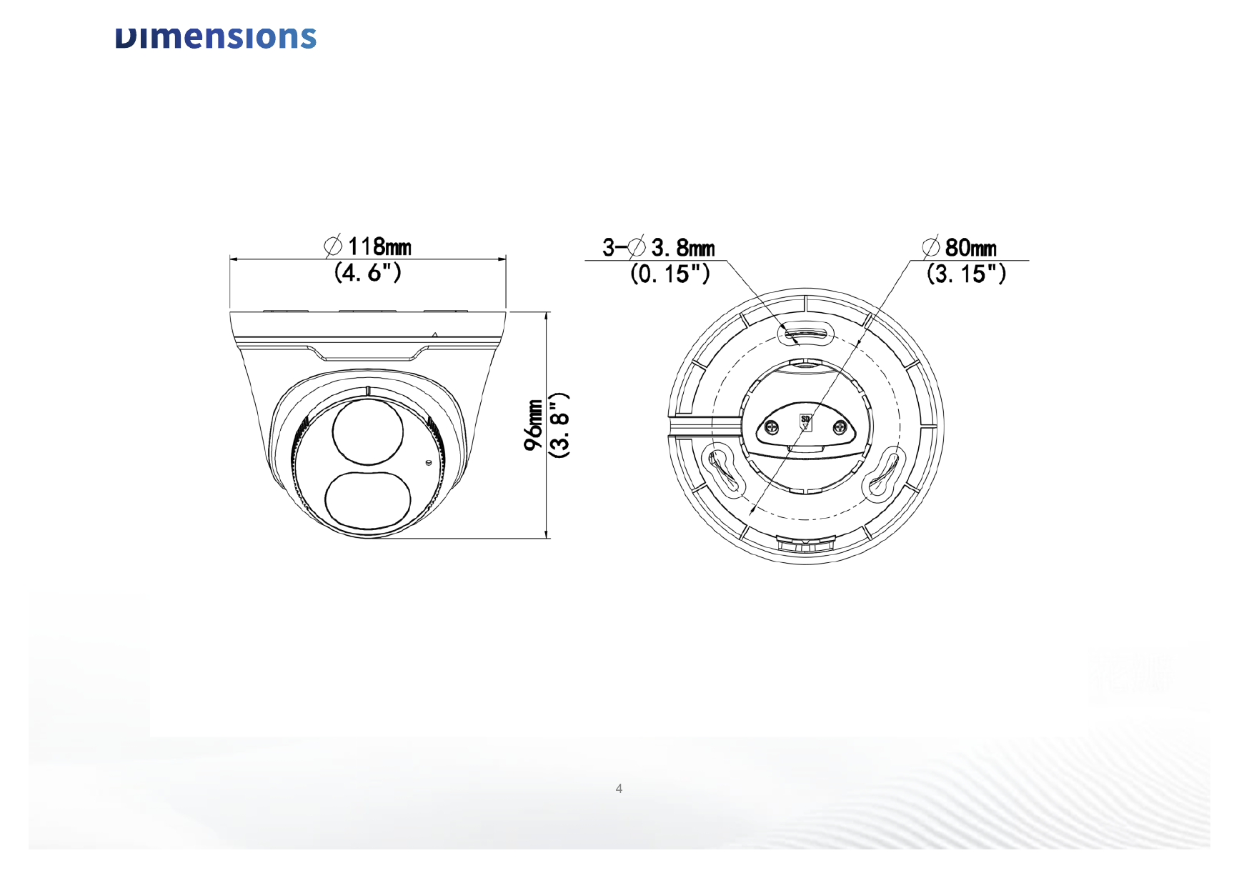 IPC3612LE-ADF28KC-DL 外形尺寸圖 Ø118 mm × 95 mm (Ø4.6" × 3.8") (Ø × H)｜重量 0.32 kg (0.71 lb.)｜Unit: mm
