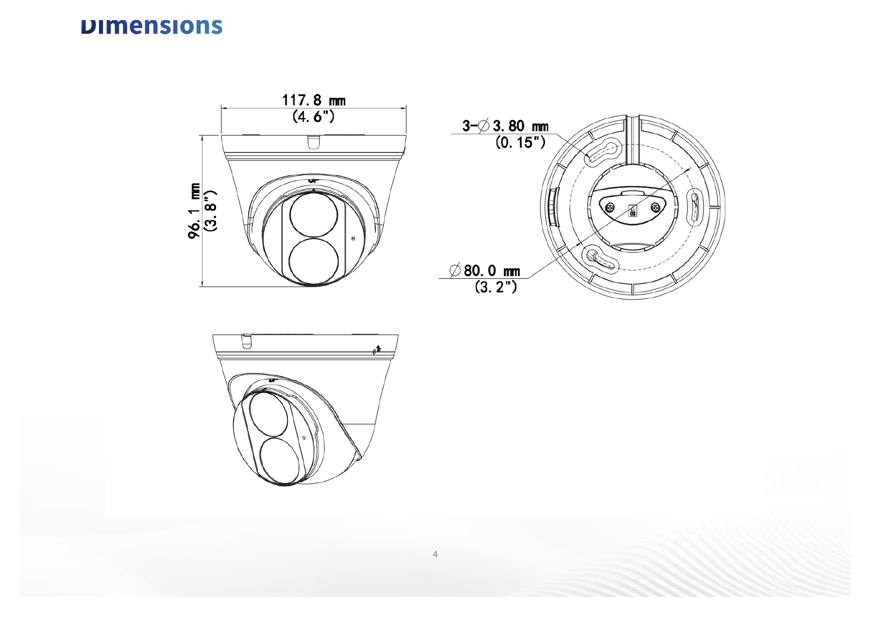 IPC3614LB-ADF28K-H3 外形尺寸圖 Ø118 mm × 96 mm (Ø4.6" × 3.8") (Ø × H)｜重量 0.30 kg (0.66 lb.）｜Unit: mm
