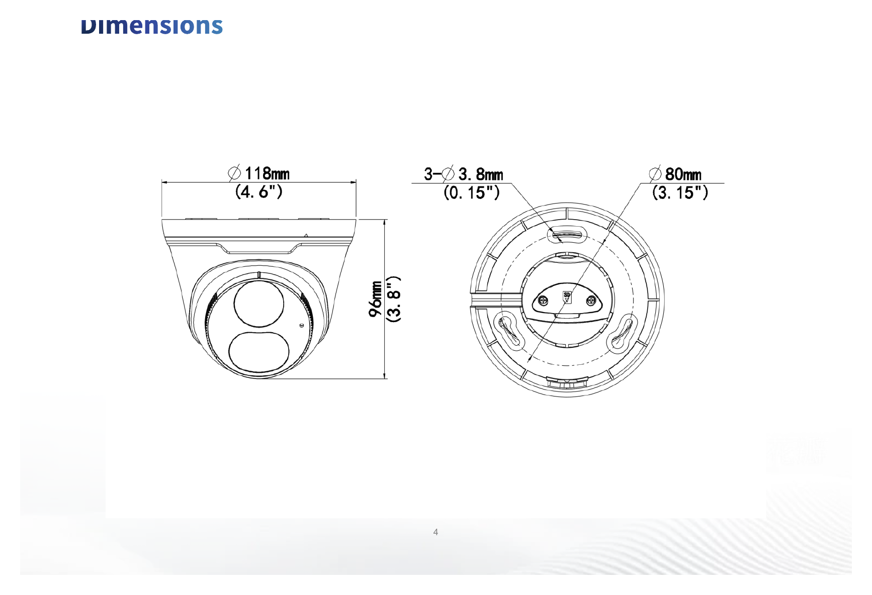IPC3614LE-ADF28KC-DL 外形尺寸圖 Ø118 mm × 96 mm (Ø4.6" × 3.8") (Ø × H)｜重量 0.32 kg (0.71 lb.)｜Unit: mm