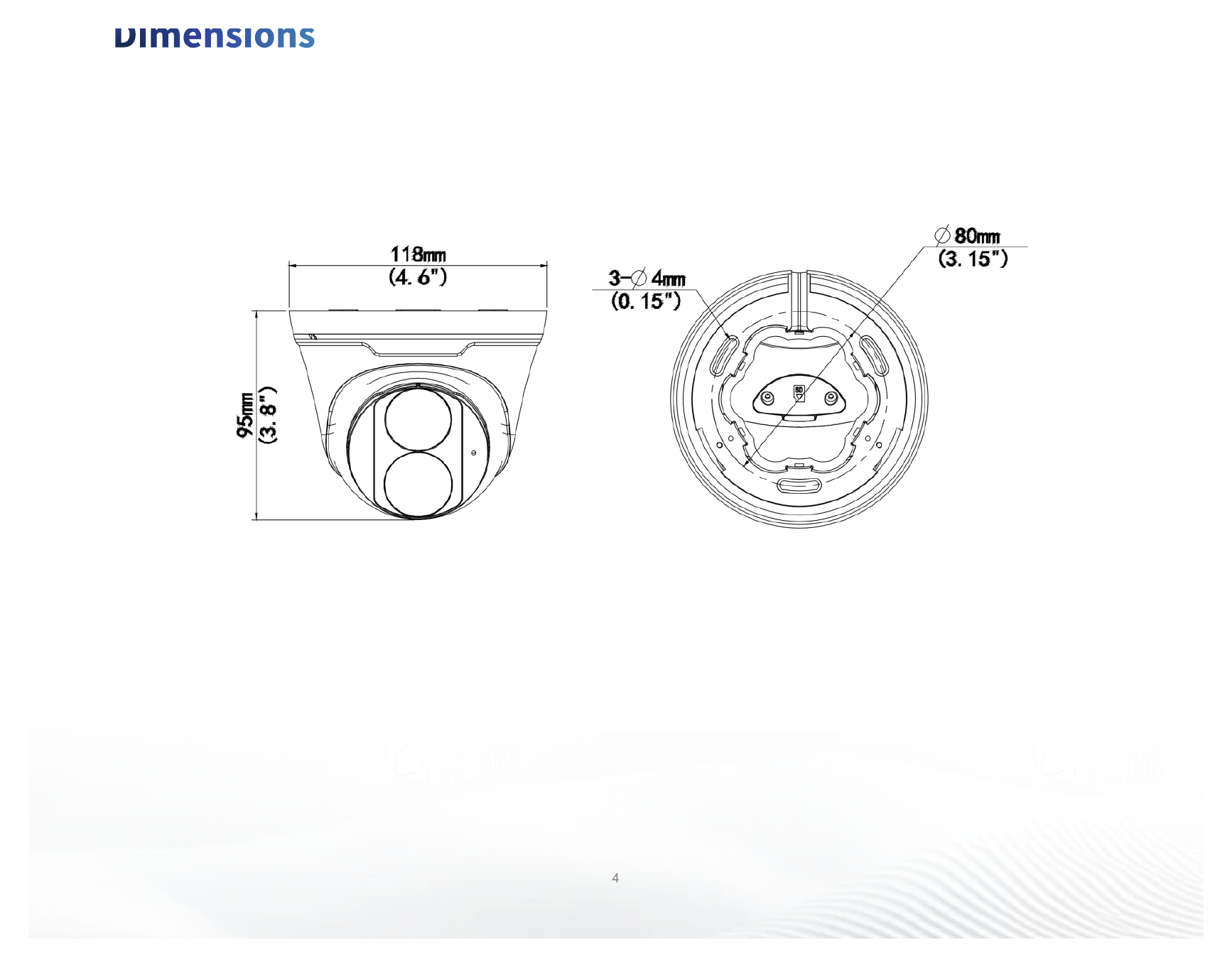IPC3615LE-ADF28K-H3 外形尺寸圖 Ø118 mm × 95 mm (Ø4.6" × 3.8") (Ø × H)｜重量 0.32 kg (0.71 lb.)｜Unit: mm