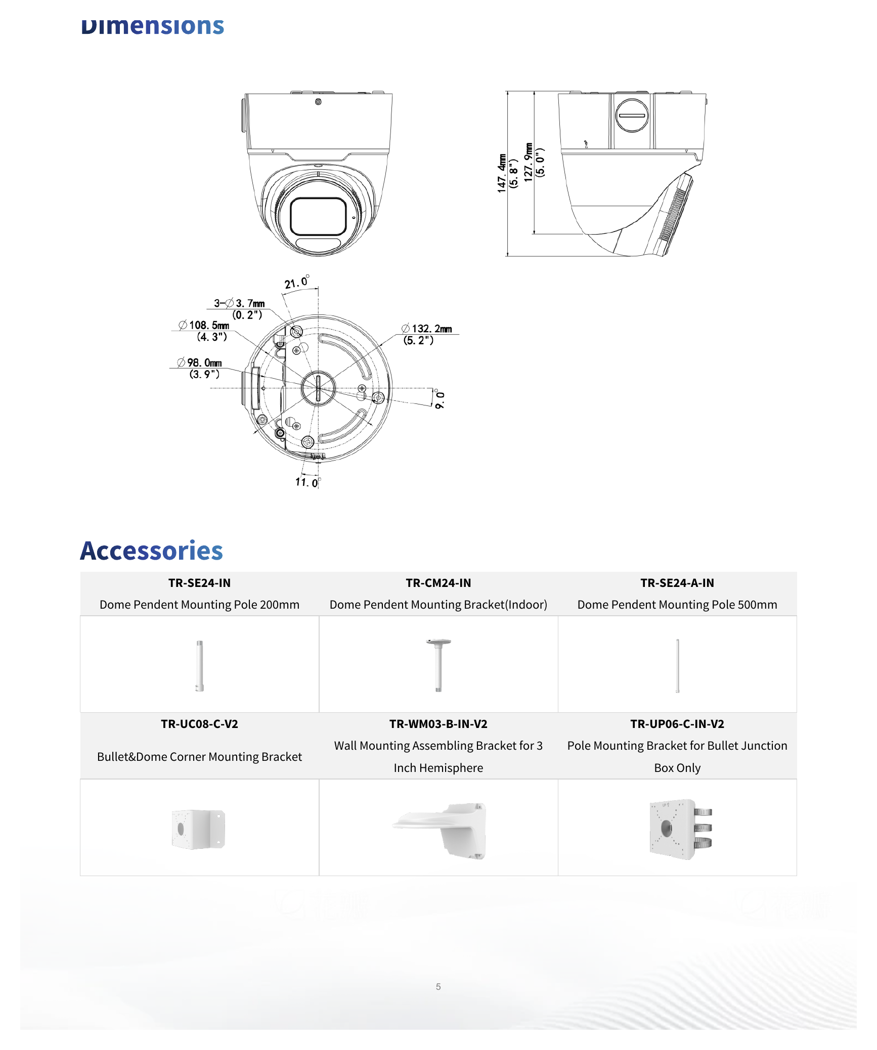IPC3632SS-ADZK-I1 外形尺寸圖 Ø132 mm × 147 mm (Ø5.2" × 5.8") (Ø × H)｜重量 0.99 kg (2.19 lb.)｜Unit: mm