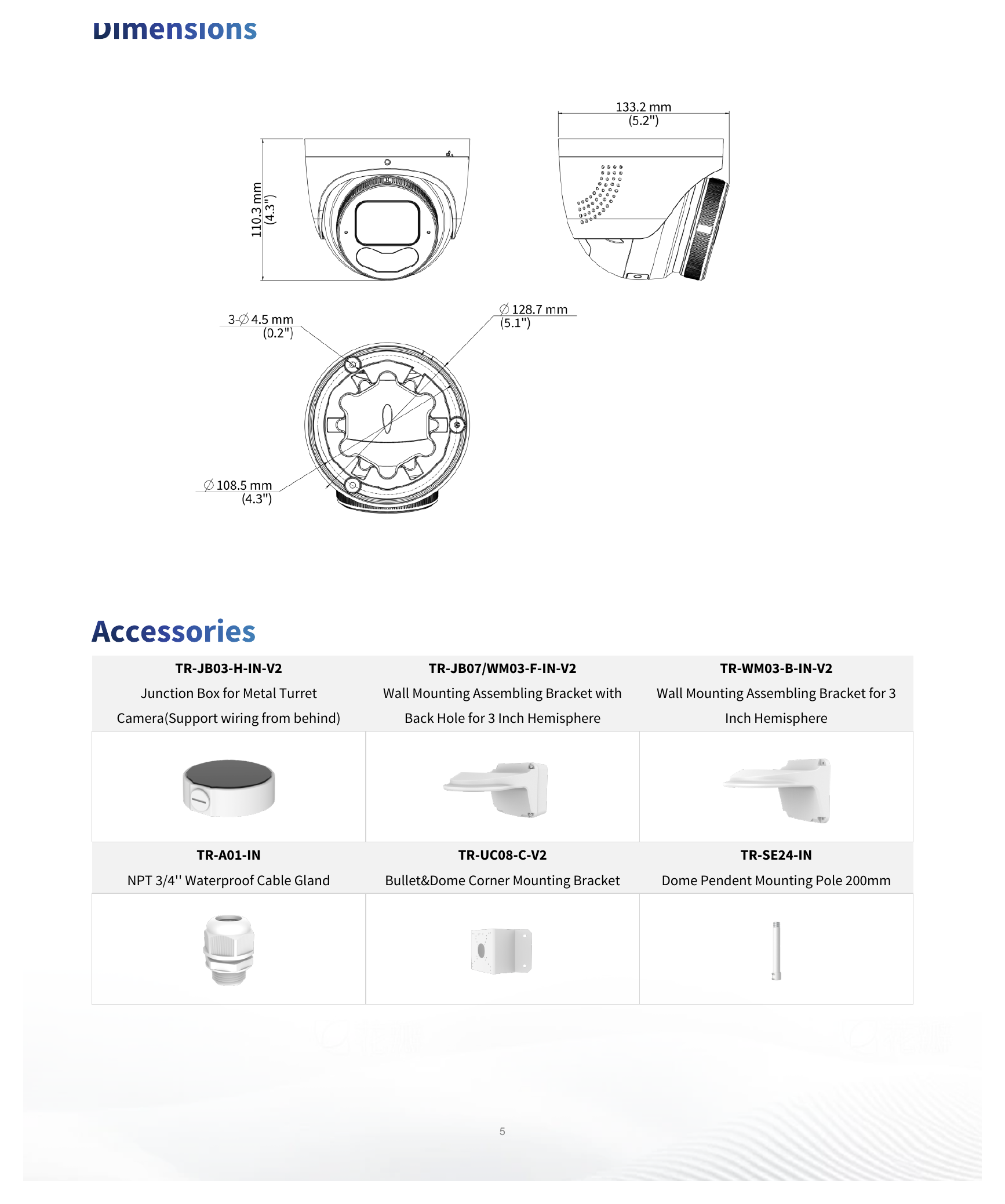 IPC3638SE-ADZKMC-WP-I1 外形尺寸圖 Ø129 mm × 110 mm (Ø5.1" × 4.3") (Ø × H)｜重量 0.99 kg (2.18 lb.)｜Unit: mm