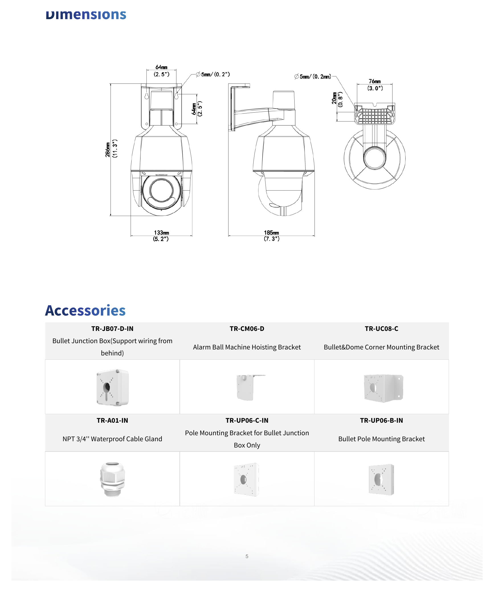 IPC6315LFW-AX5C-VG1 外形尺寸圖 133 mm × 185 mm × 286 mm (Ø 5.2" × 7.3" × 11.3" ) (L × W × H)｜重量 788 g (1.74 lb.)｜Unit: mm