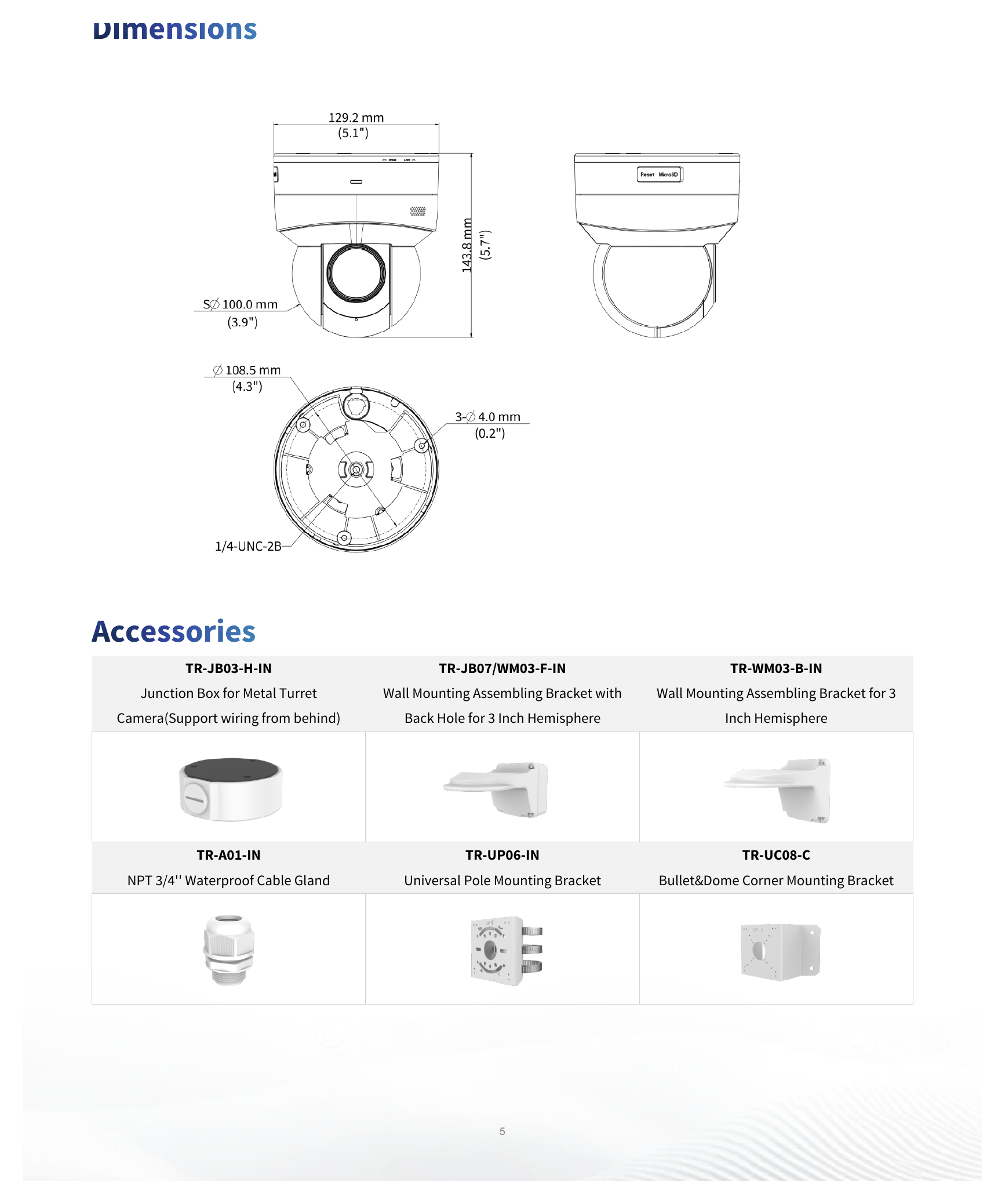 IPC6412LR-X5UPW-VG 外形尺寸圖 Ø129 mm × 143.6 mm (Ø5.1" × 5.7") (Ø × H)｜重量 0.76 kg (1.67 lb.)｜Unit: mm