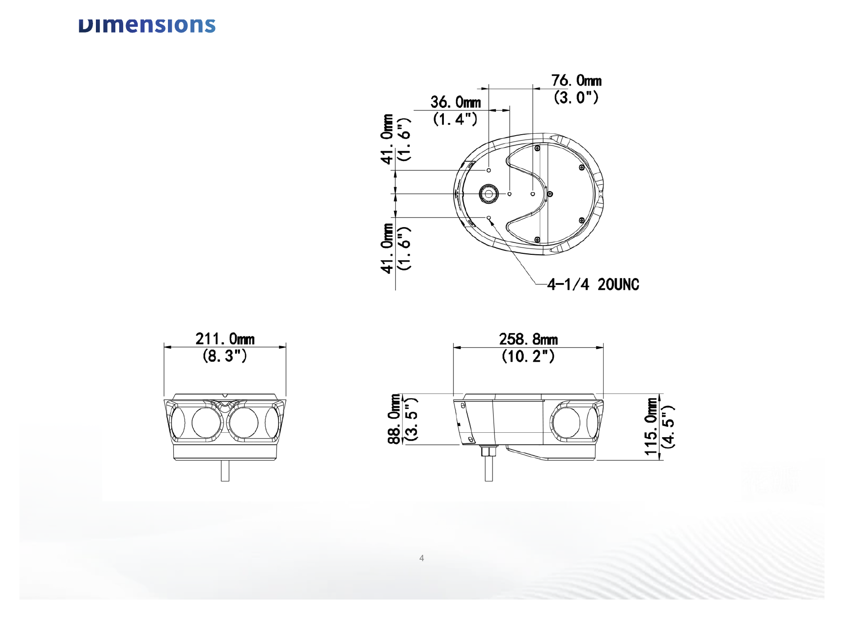IPC8544EA-KM-I1 外形尺寸圖 259 mm × 211 mm × 115 mm (10.2" × 8.3" × 4.5") (L × W × H)｜重量 2.271 kg (5.01 lb.)｜Unit: mm