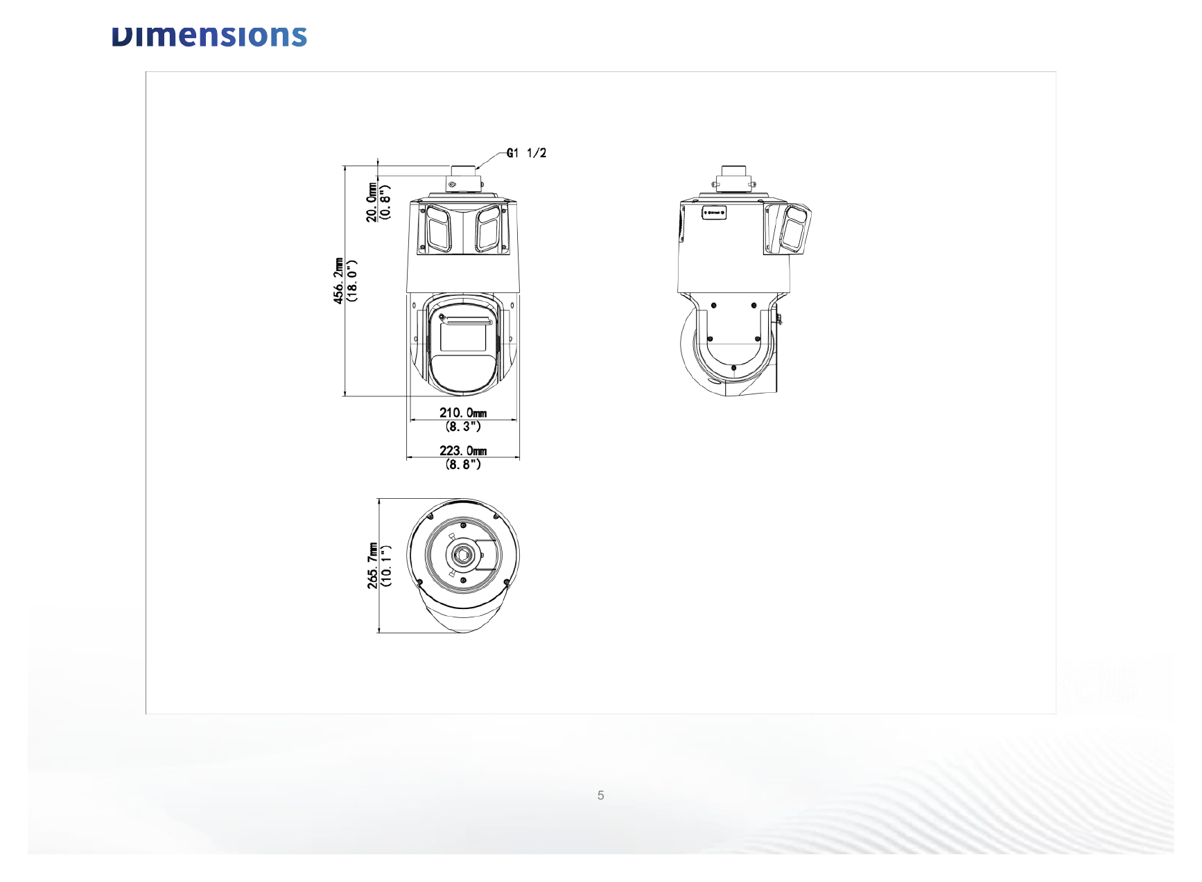 IPC98246EFW-X42-W-VH1 外形尺寸圖 456 mm × 223 mm × 266 mm (17.95" × 8.78" × 10.47") (L × W × H)｜重量 8.4 kg (18.52 lb.)｜Unit: mm