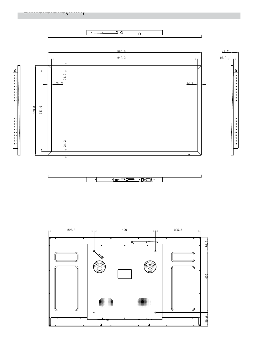 LDH43-SAI200K 外形尺寸圖 990.6mm×579.8mm×47.7mm(39"×22.8"×1.8")|Unit: mm