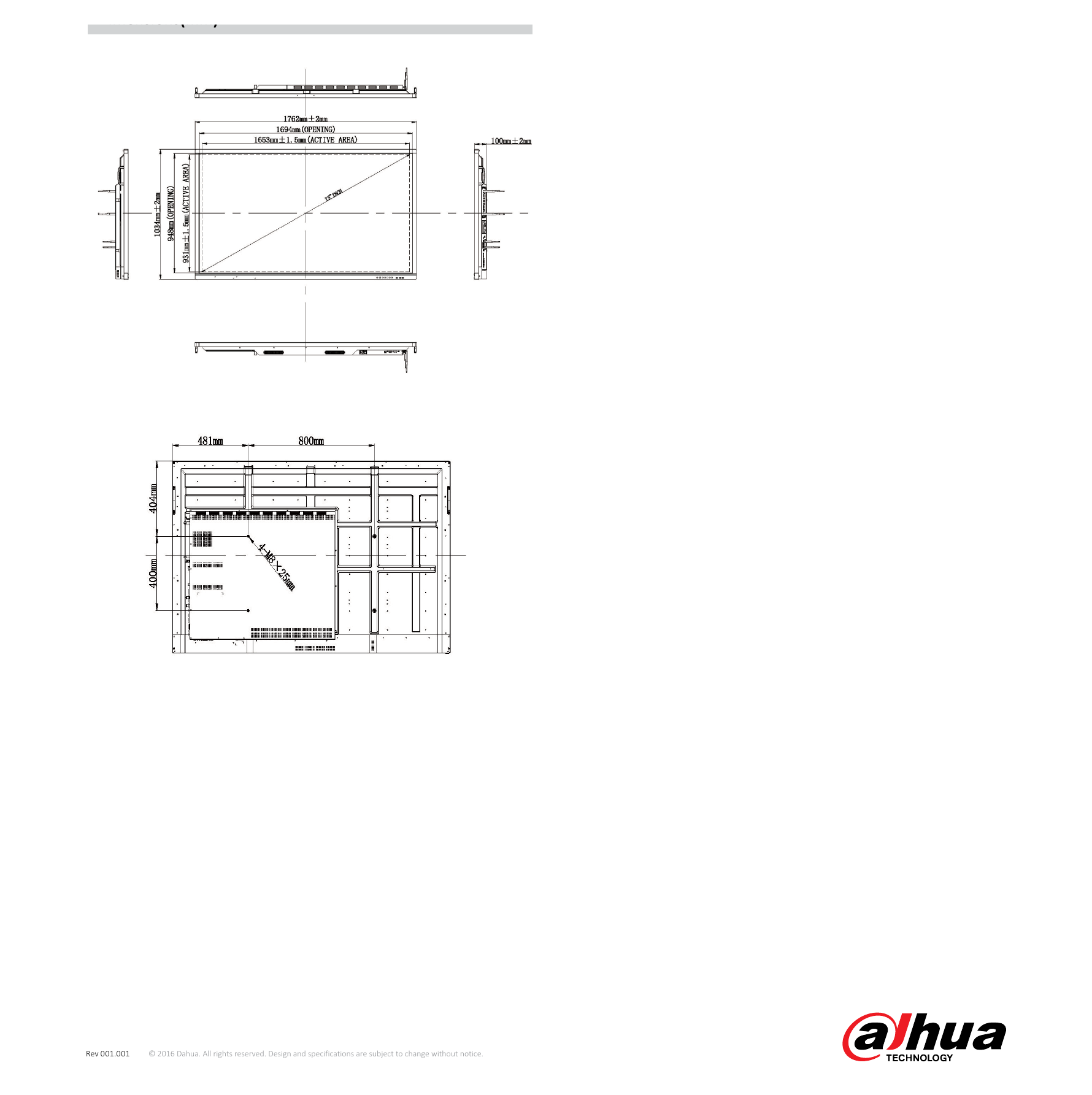 LU75-ST400 外形尺寸圖 1762.0mm × 1034.0mm × 100.0mm｜Unit: mm