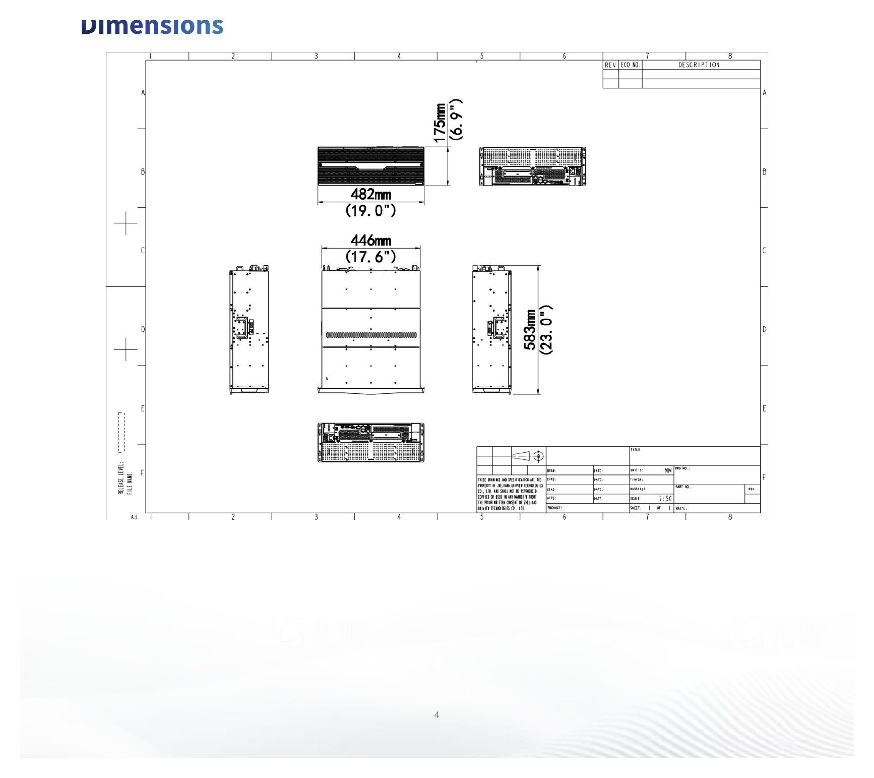 NI-VX1636-C-V3-U 外形尺寸圖 175mm X 482mm X583mm (H×W×D)｜重量 Fully configured:<45kg｜Unit: mm