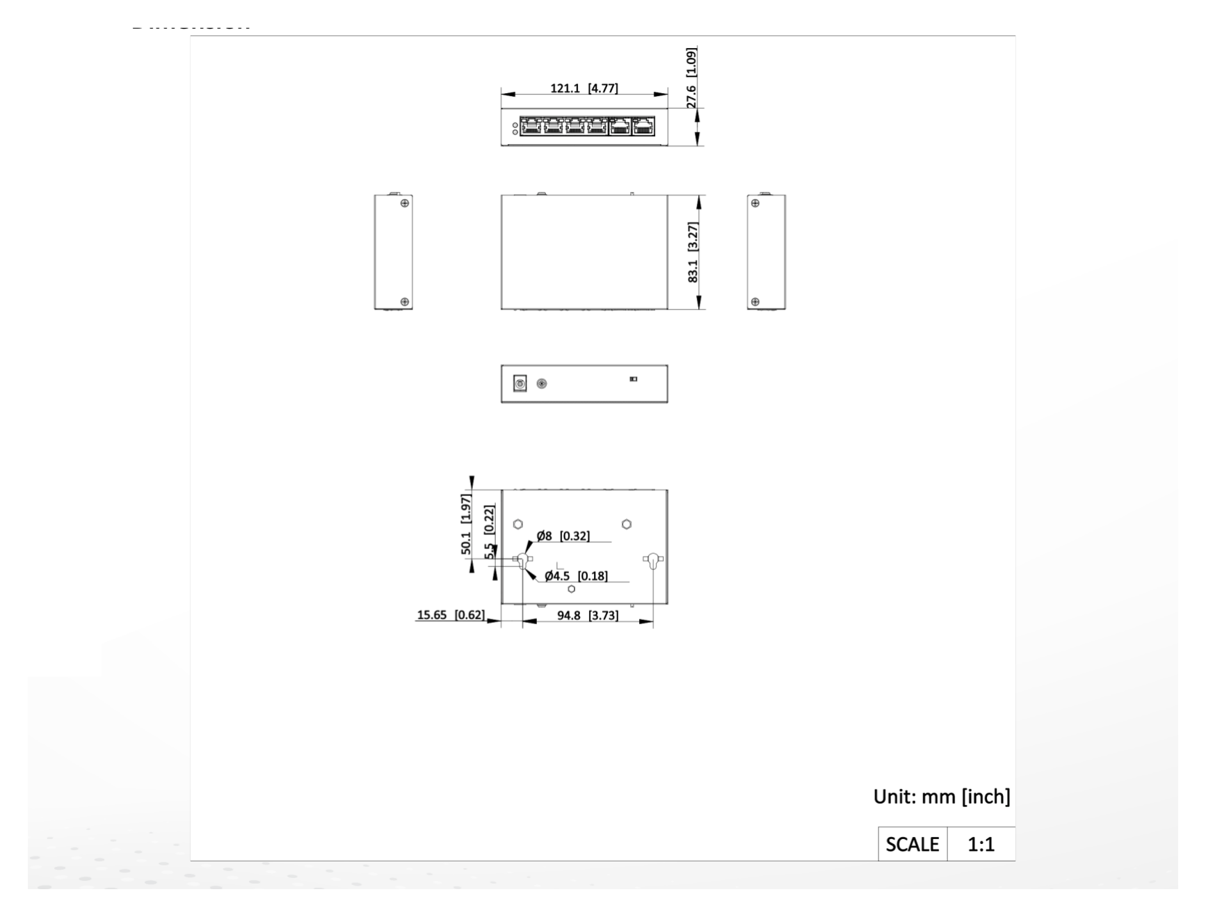 NS-0106P-45(B) 外形尺寸圖 121.10 mm × 27.60 mm × 83.10 mm (4.77'' × 1.08'' × 3.27'')｜Unit: mm