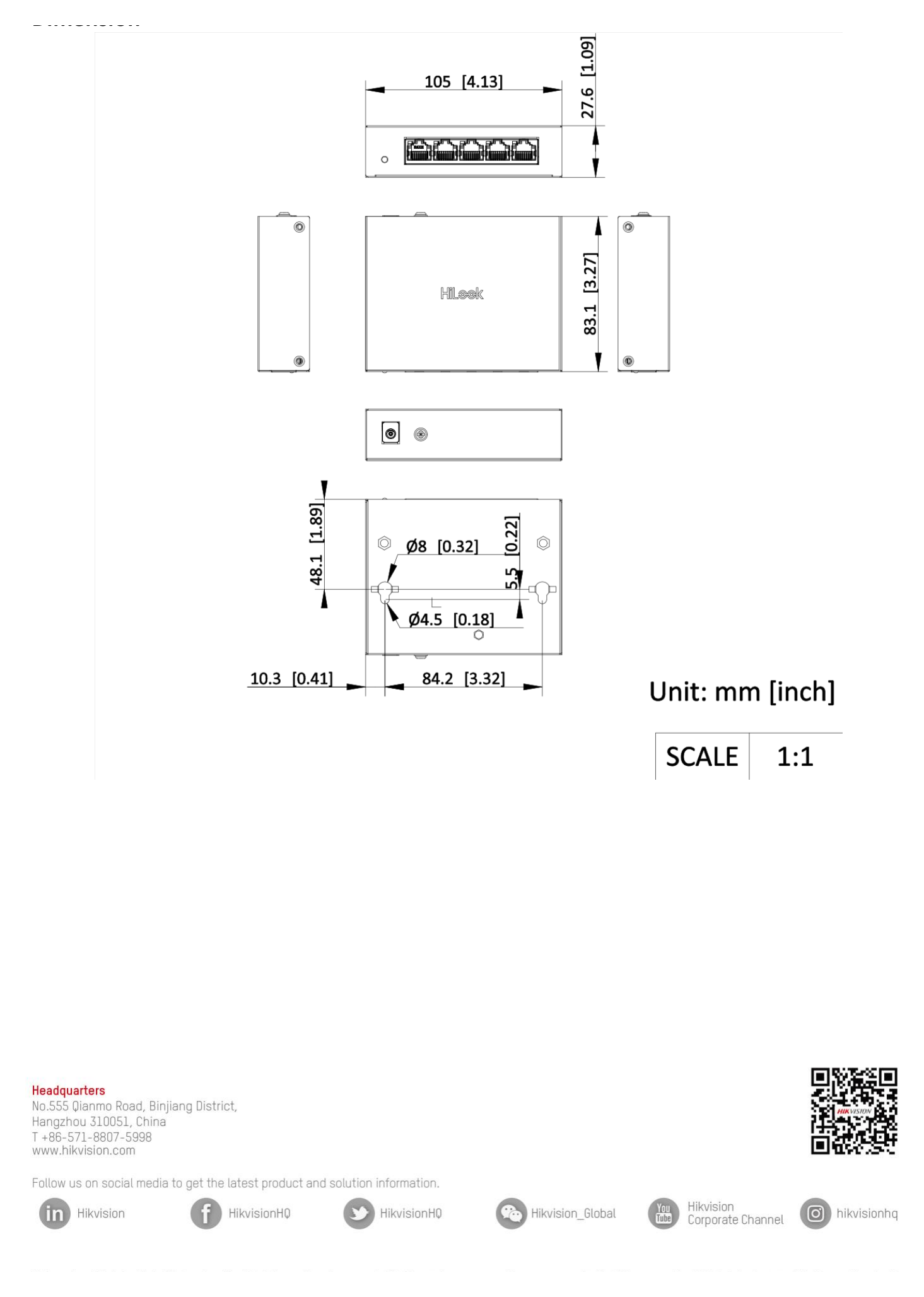 NS-0505 外形尺寸圖 105.00 mm × 27.60 mm × 83.10 mm (4.13'' × 1.09'' × 3.27'')｜Unit: mm
