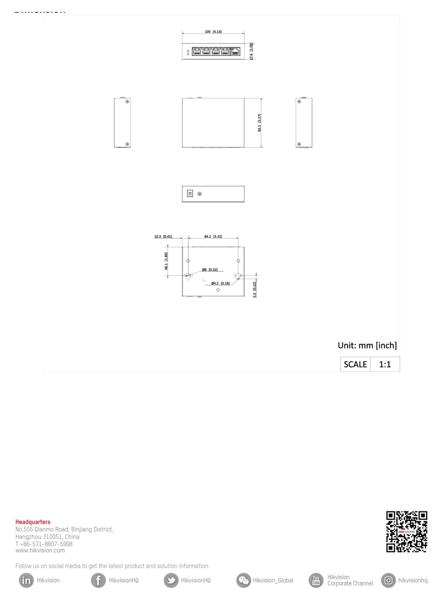 NS-0505P-35 外形尺寸圖 105.00 mm × 27.60 mm × 83.10 mm (4.10'' × 1.10'' × 3.30'')｜Unit: mm