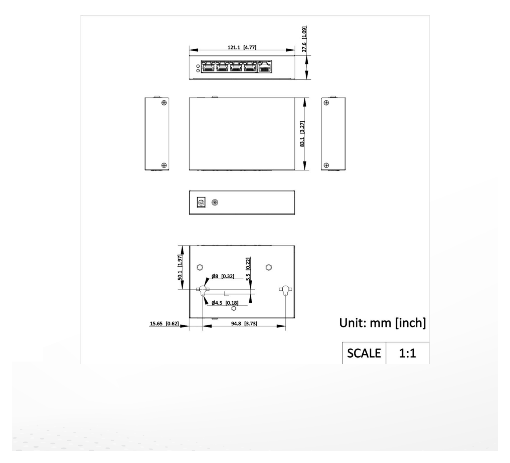 NS-0505P-45(B) 外形尺寸圖 121.10 mm × 27.60 mm × 83.10 mm (4.76'' × 1.08'' × 3.27'')｜Unit: mm