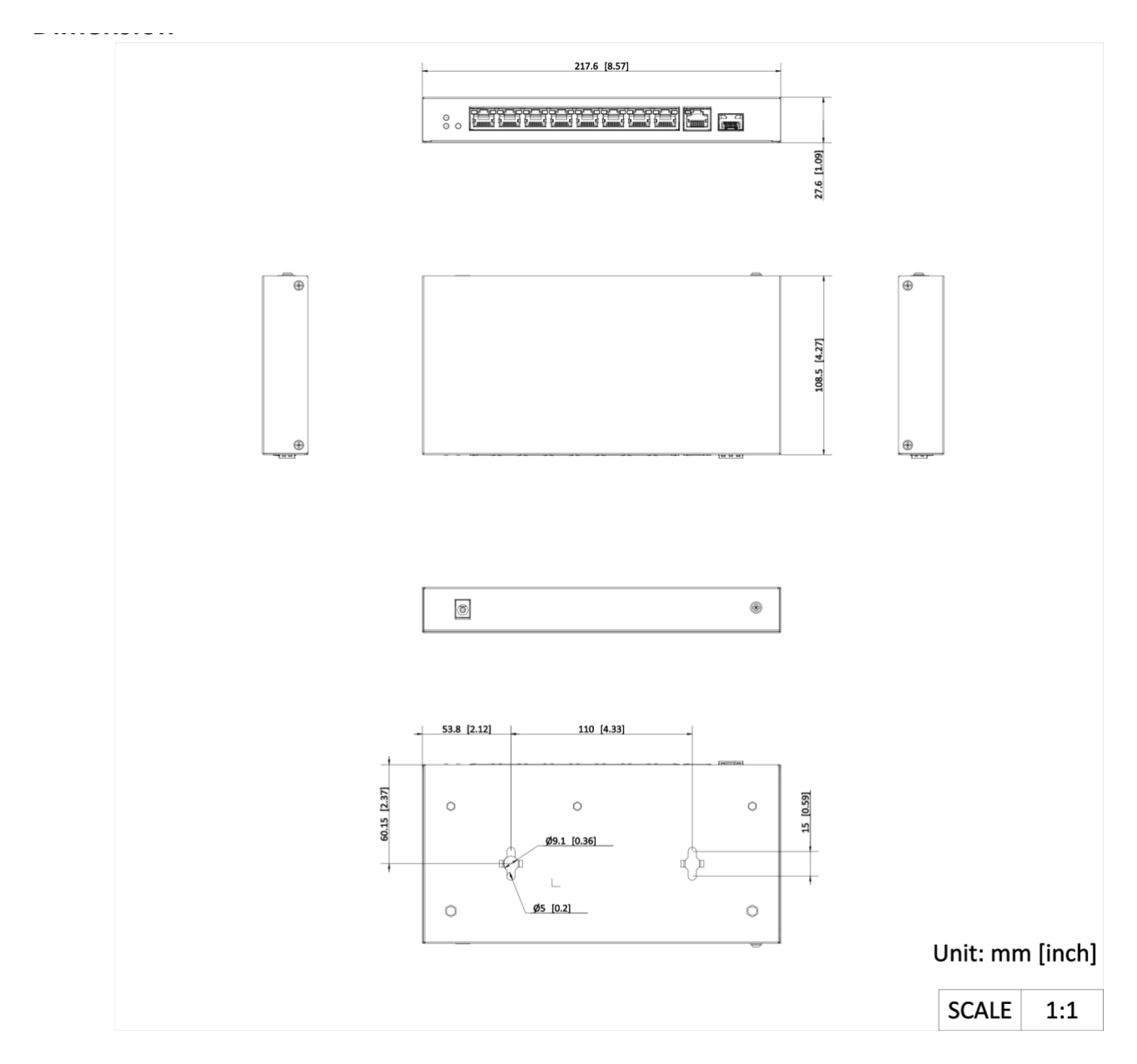 NS-0510P-58 外形尺寸圖 217.60 mm × 27.60 mm × 108.50 mm (8.60'' × 1.10'' × 4.30'')｜Unit: mm
