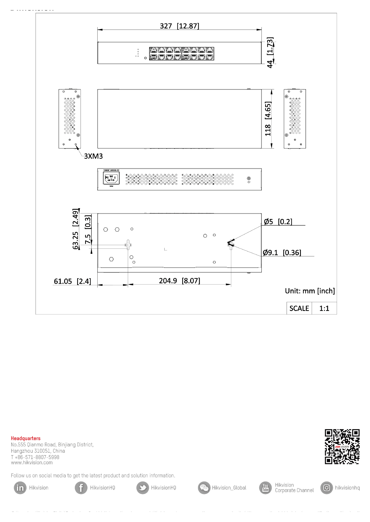 NS-0516R 外形尺寸圖 327.00 mm × 44.00 mm × 118.00 mm (12.87'' × 1.73'' × 4.65'')｜Unit: mm