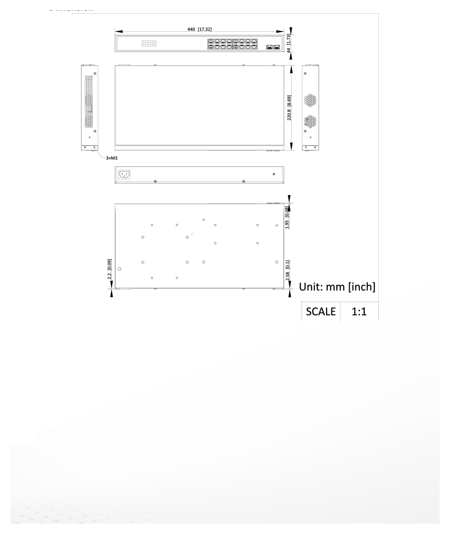 NS-0518P-125(B) 外形尺寸圖 440.00 mm × 44.00 mm × 220.80 mm (17.30'' × 1.70'' × 8.70'')｜Unit: mm