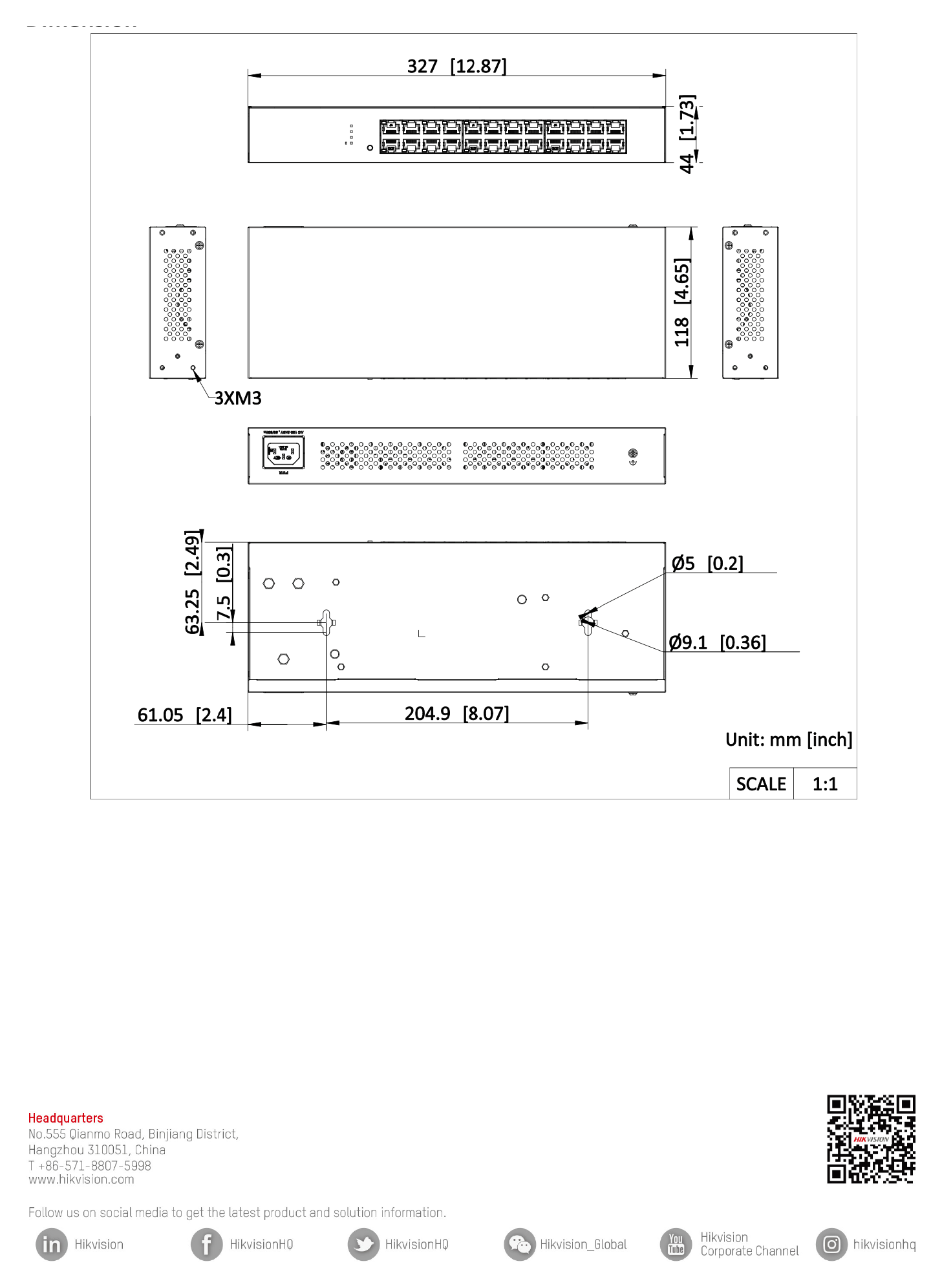 NS-0524R 外形尺寸圖 327.00 mm × 44.00 mm × 118.00 mm (12.87'' × 1.73'' × 4.65'')｜Unit: mm