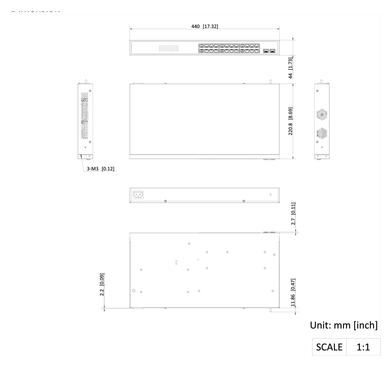 NS-0526P-225 外形尺寸圖 440.00 mm × 44.00 mm × 220.80 mm (17.30'' × 1.70'' × 8.70'')｜Unit: mm