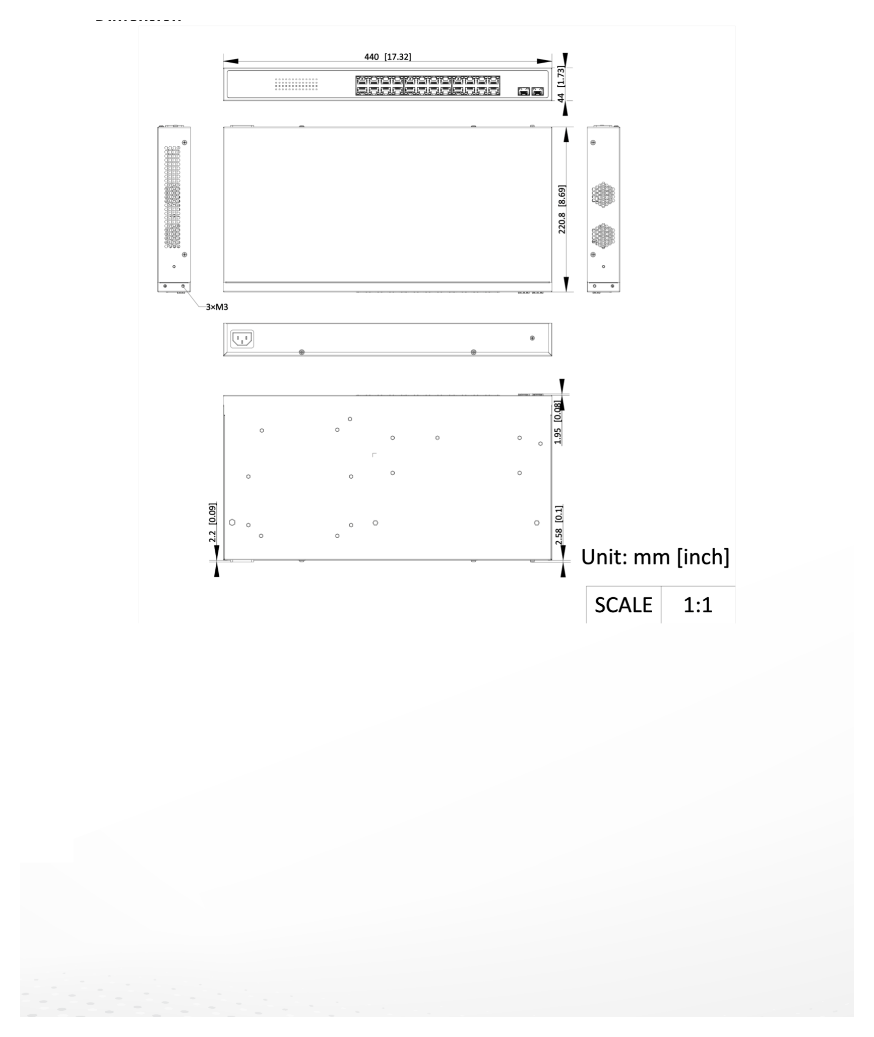 NS-0526P-225(B) 外形尺寸圖 440.00 mm × 44.00 mm × 220.80 mm (17.30'' × 1.70'' × 8.70'')｜Unit: mm