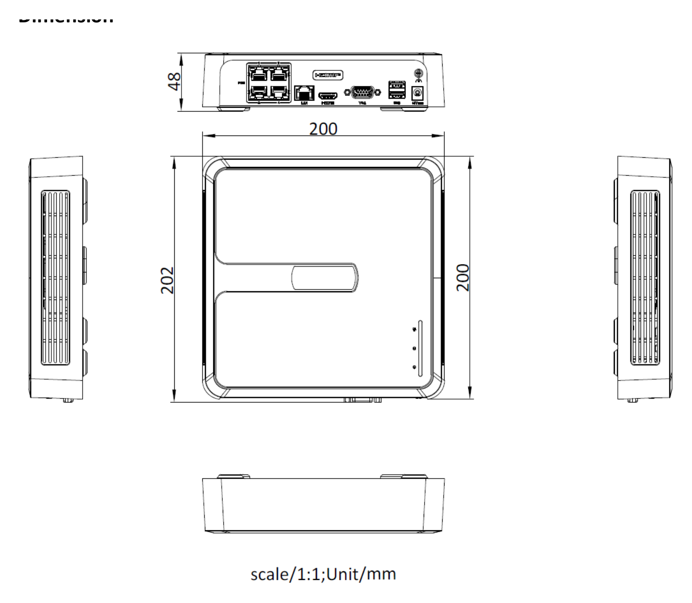 NVR-104H-D/4P 外形尺寸圖 200 × 200 × 48 mm (7.9