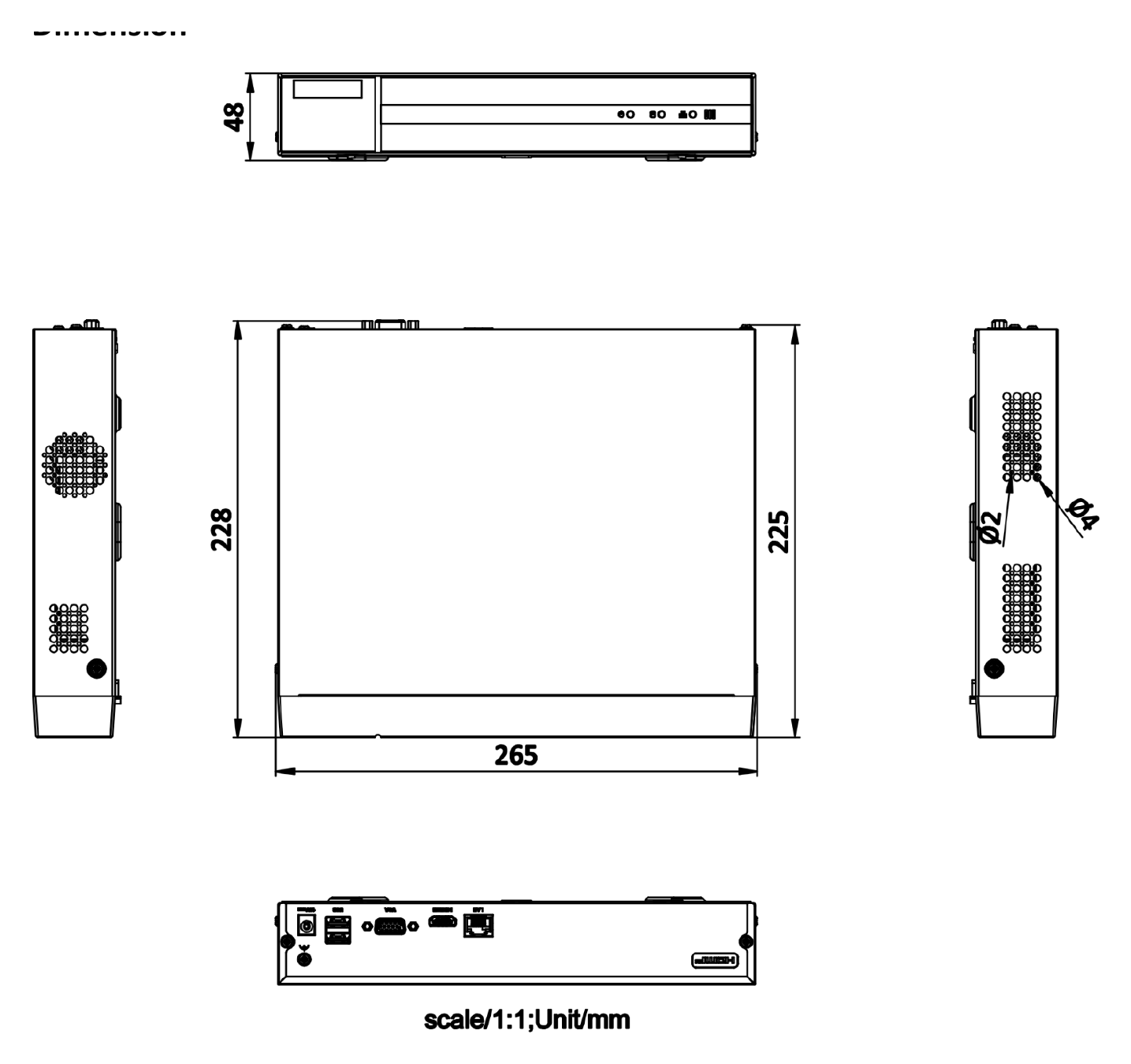 NVR-104MH-D 外形尺寸圖 265 × 225 × 48 mm (10.4