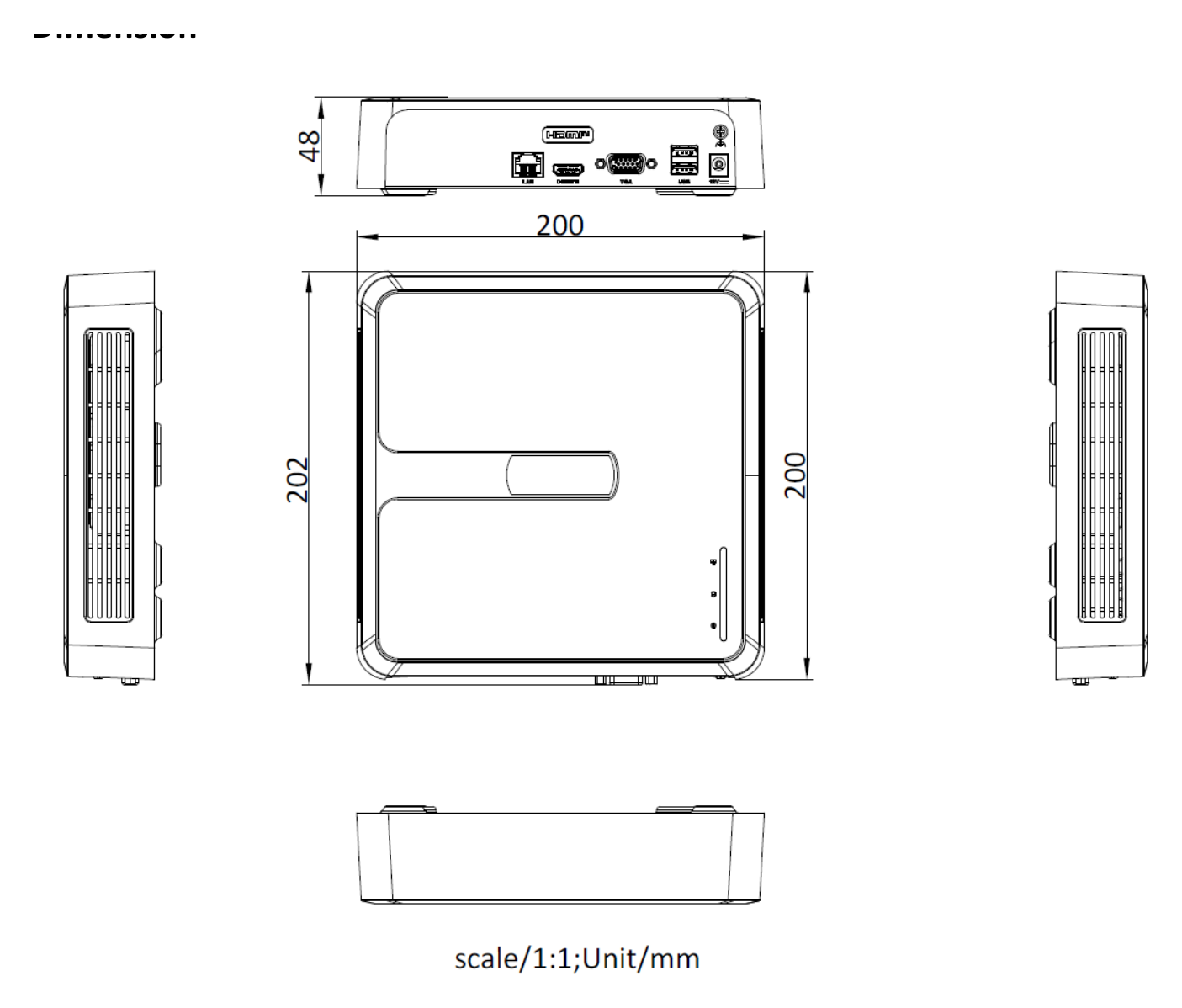 NVR-108H-D 外形尺寸圖 200 × 200 × 48 mm (7.9