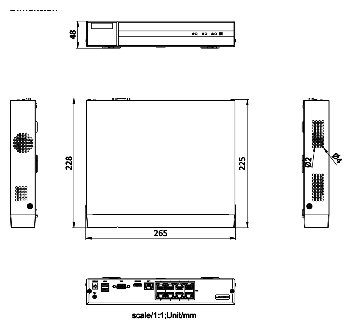 NVR-108MH-D/8P 外形尺寸圖 265 × 225 × 48 mm (10.4