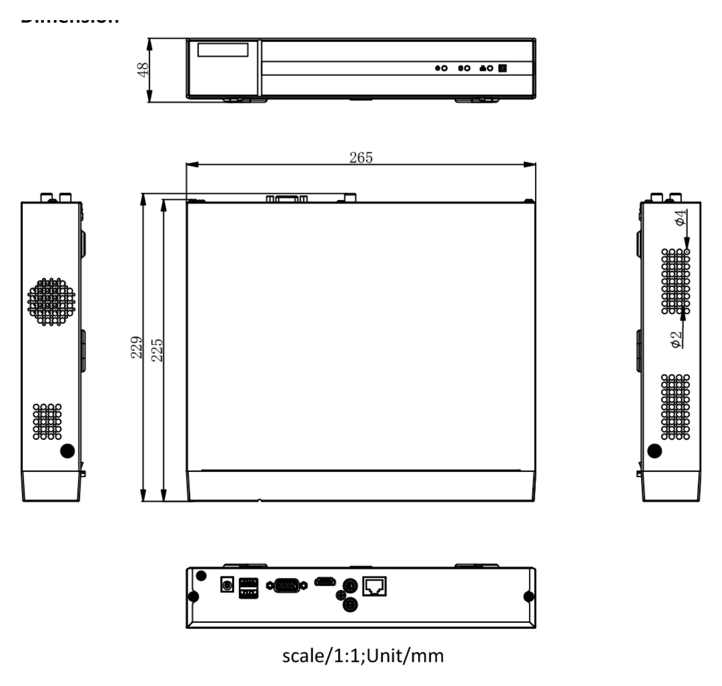 NVR-116MH-C 外形尺寸圖 265 × 225 × 48 mm (10.2