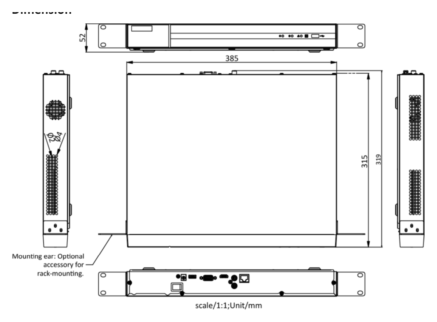 NVR-216MH-C 外形尺寸圖 385 × 315 × 52 mm (15.2