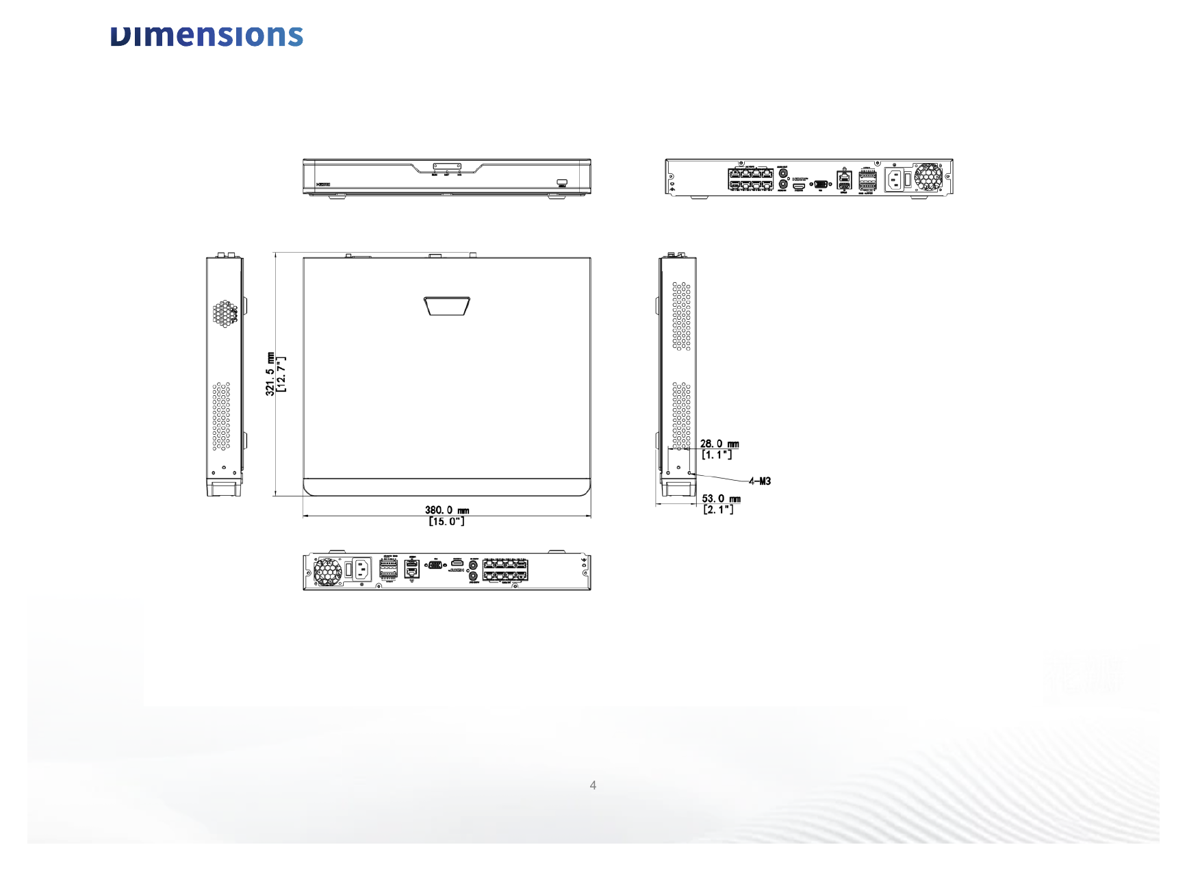 NVR302-08B-P8-IQ 外形尺寸圖 380mm × 322mm × 53mm (15.0"×12.7"×2.1")｜Unit: mm