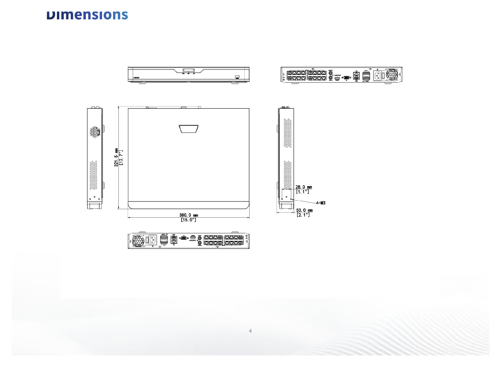 NVR302-16B-P16-IQ 外形尺寸圖 380mm × 322mm × 53mm (15.0"×12.7"×2.1")｜Unit: mm
