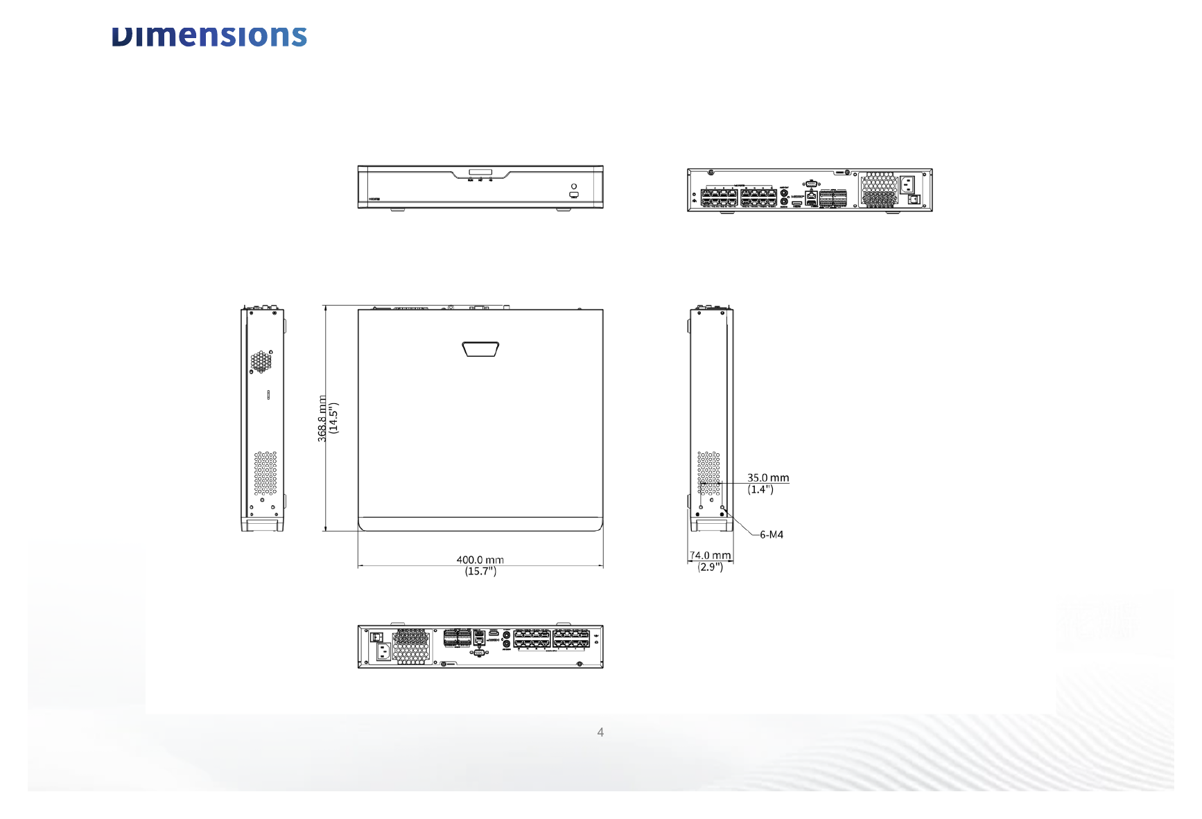 NVR304-16B-P16-IQ 外形尺寸圖 400mm × 369mm × 74mm (15.7"×14.5"×2.9")｜Unit: mm