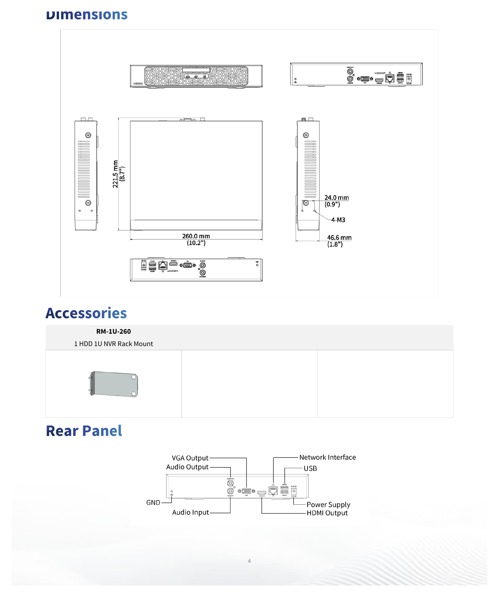 NVR501-04B 外形尺寸圖 260mm × 222mm × 47mm (10.2"×8.7"×1.8")｜Unit: mm